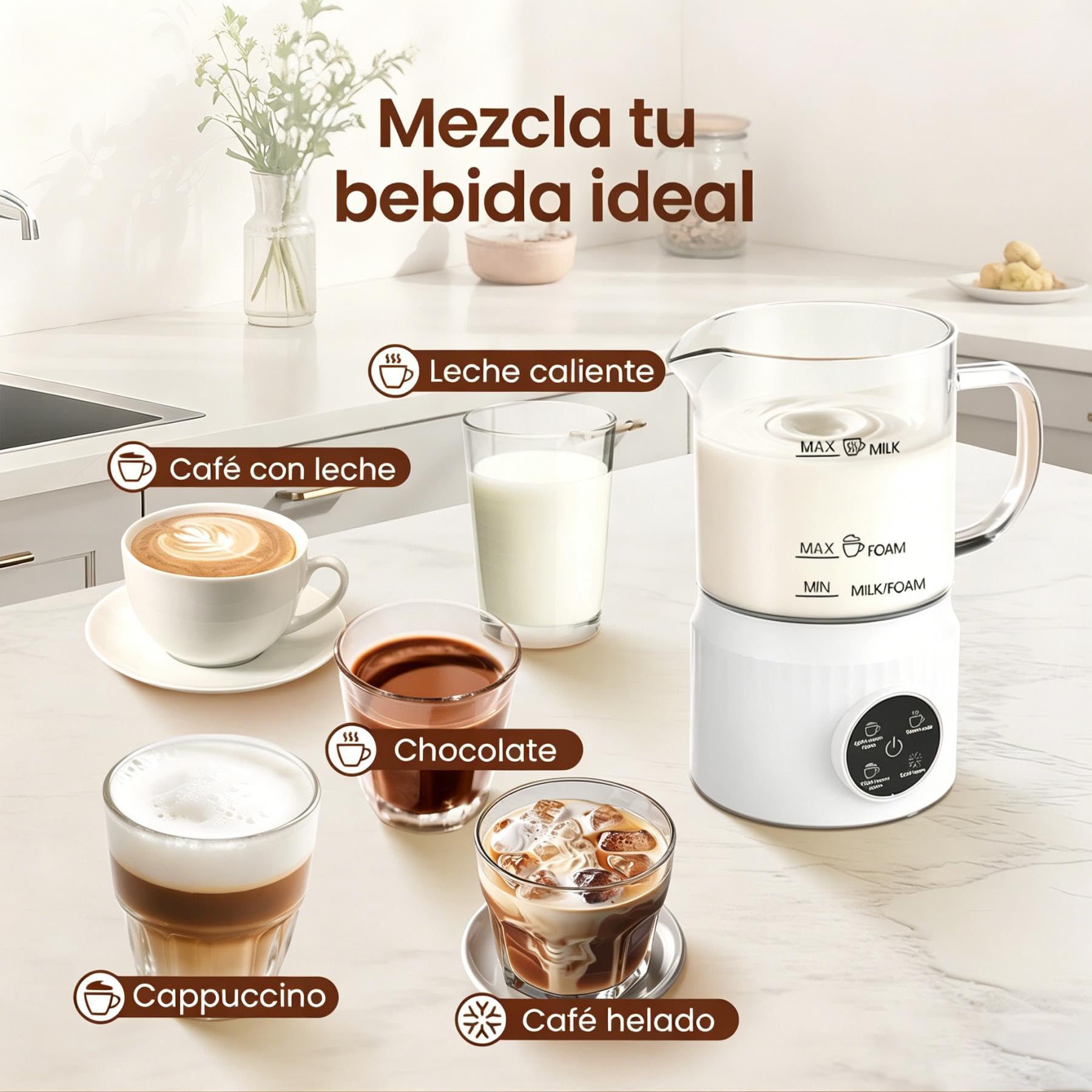 4 en 1 Espumador de Leche Eléctrico y Calentador de Leche, Creador de Espuma Caliente y Fría, Calienta Leche de Acero Inoxidable, Espumador Leche Eléctrico para Café, Latte, Capuchino