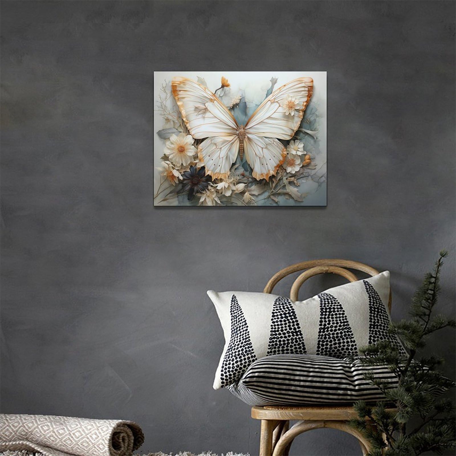 Gänseblümchen-Schmetterling Wandbild – Vintage Leinwanddruck 40,6x61 Cm, Fertig Zum Aufhängen