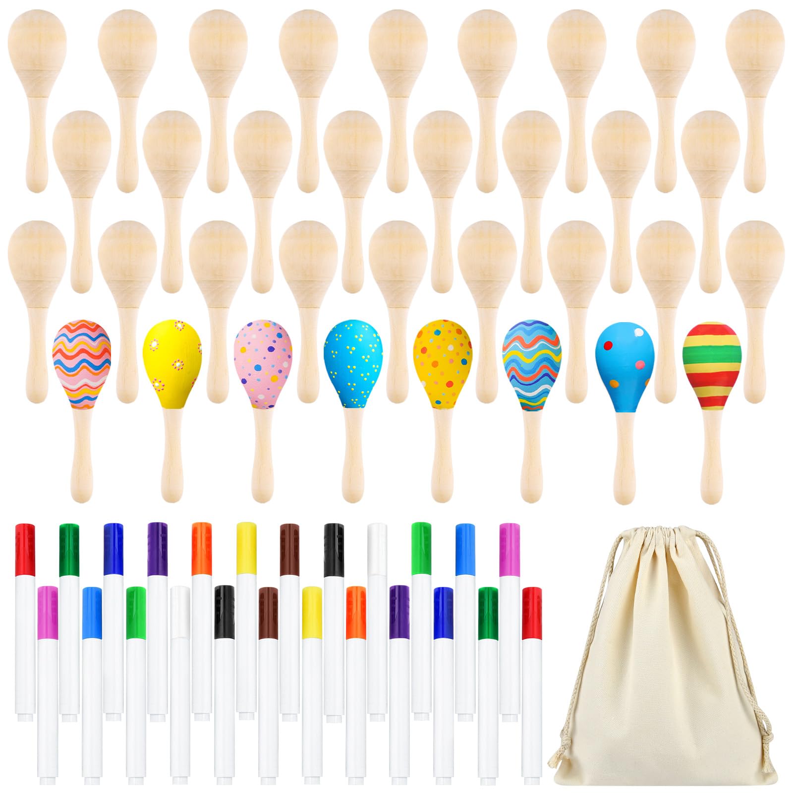 Morcheiong 38 Piezas de Maracas de Madera para Niños, Fiesta Mexicana, y Regalos para el Cinco de Mayo, con 24 Bolígrafos Multicolor y 1 Bolsa de Almacenamiento con Cordón de Cierre