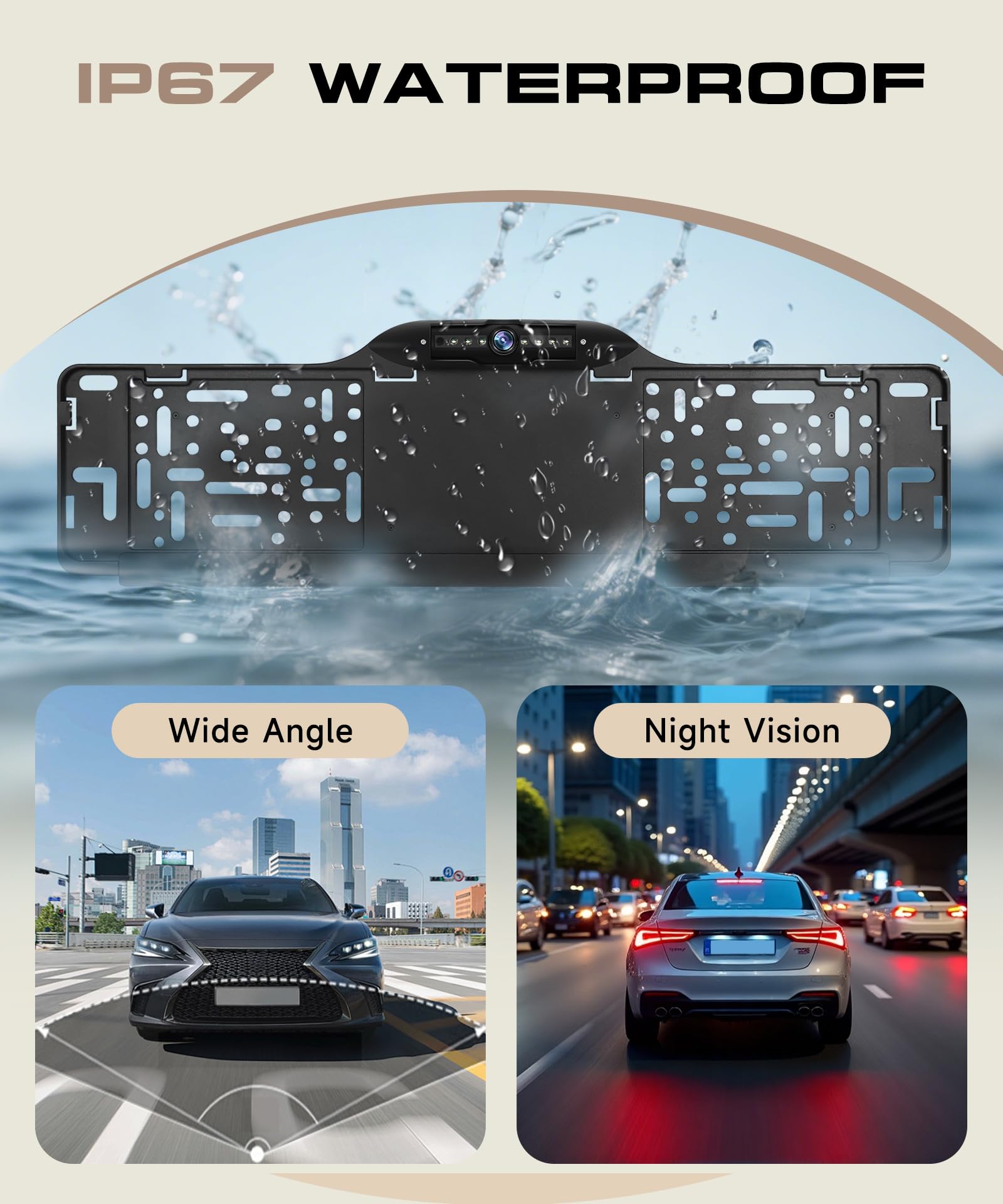 Rimoody Telecamera Posteriore 1080P AHD per Targhe EU - Telecamera di Parcheggio con 7 LED, Impermeabile IP67, Grandangolo 100°, 3 Modalità (CVBS/720P/1080P) per Auto