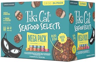 Tiki Cat Wet Cat Food Mega Pack, Seafood Selects, 2.8 oz Can (24 Count) | Seafood Selects, 2.8 oz cans, Mega Pack, 24 count, wet cat food, real flaked fish, high protein, high moisture