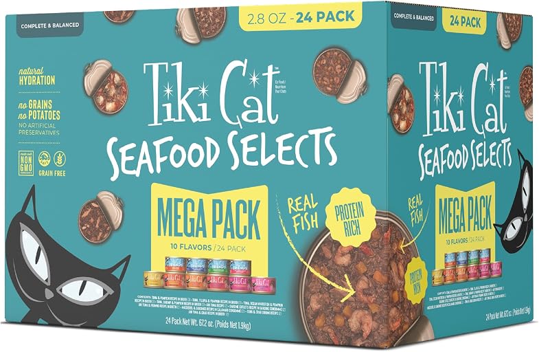 Tiki Cat Wet Cat Food Mega Pack, Seafood Selects, 2.8 oz Can (24 Count) | Seafood Selects, 2.8 oz cans, Mega Pack, 24 count, wet cat food, real flaked fish, high protein, high moisture
