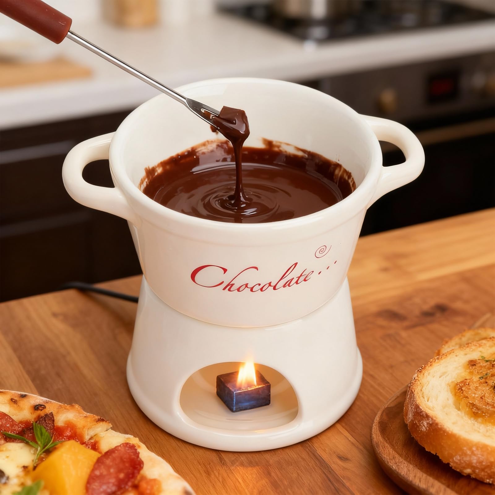 Juego de Fondue de Chocolate de cerámica con Tenedor - Mini Olla de Porcelana de 300 ml para Fondue de Chocolate Queso y Mantequilla, Ideal para el Invierno San Valentín el hogar y la Cocina