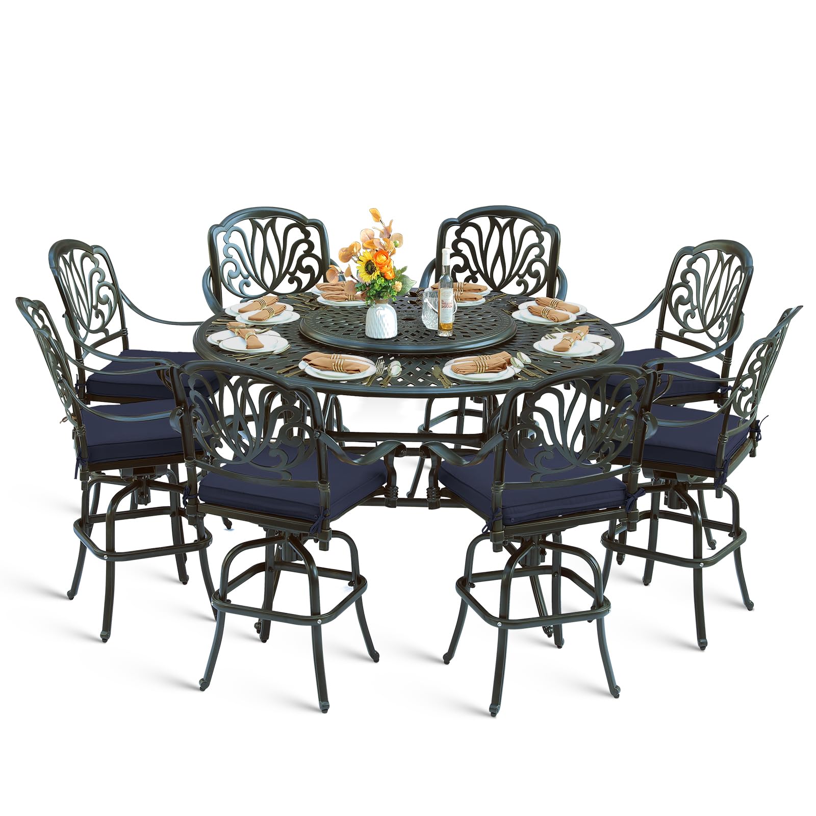 MEETWARM 10-Piece Outdoor Bar Set, All Weather Cast Aluminum Patio Bar Furniture with 8 Cushioned Swivel Bar Stools, Large 61" Round Patio Bar Height Table with Detachable Lazy Susan, Umbrella Hole