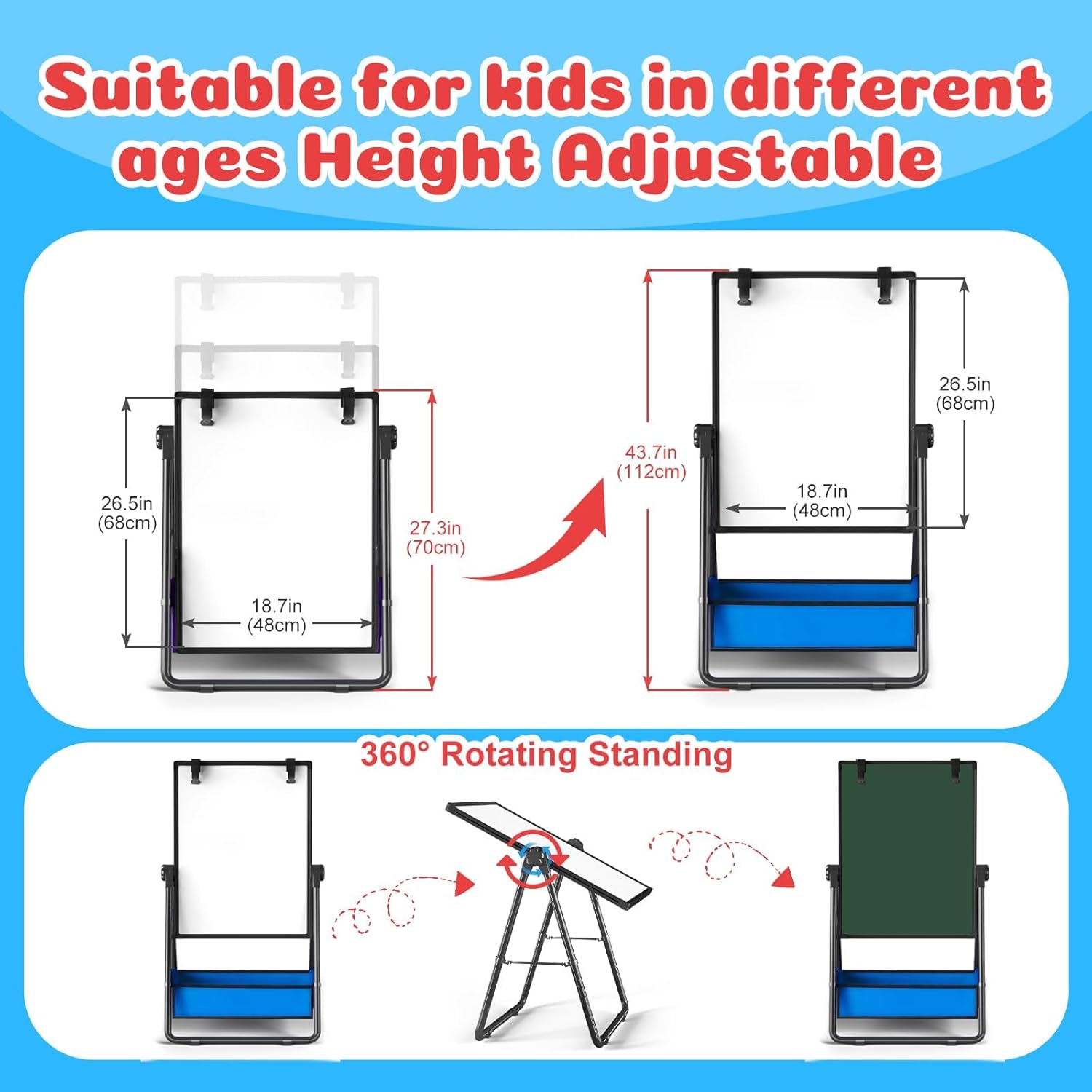 Kids Easel Double-Sided Standing Easel with Paper Clip Foldable Drawing Board Height Adjustable Standing Art Easel 360° Rotatable Whiteboard Chalkboard Great Gift for Kids