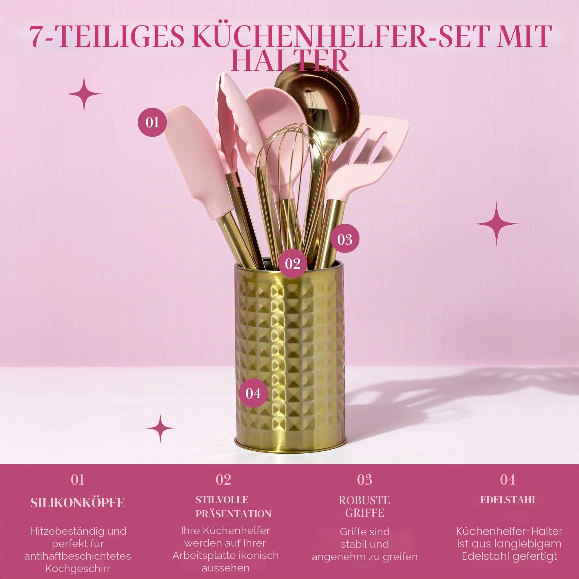 Paris Hilton Küchenset, Werkzeugtopf mit Silikon-Kochutensilien, Schneebesen und Schöpfkelle, 7-teilig, Rosa und Gold