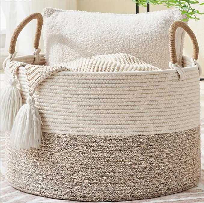 KAKAMAY Large Blanket Basket (20"x13"),Woven Baskets for storage Baby Laundry Hamper, Cotton Rope Blanket Basket for Living Room, Laundry, Nursery, Pillows, Baby Toy chest (White/Brown)