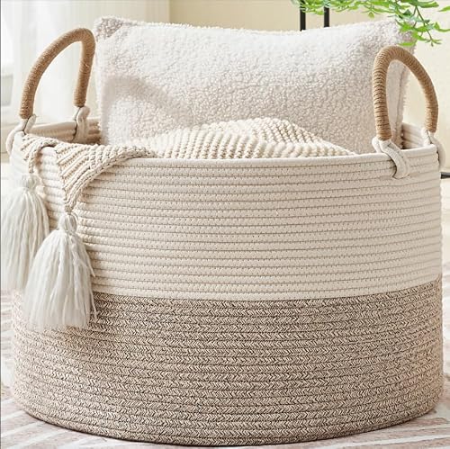 KAKAMAY Large Blanket Basket with Handles, Storage Basket for Living Room