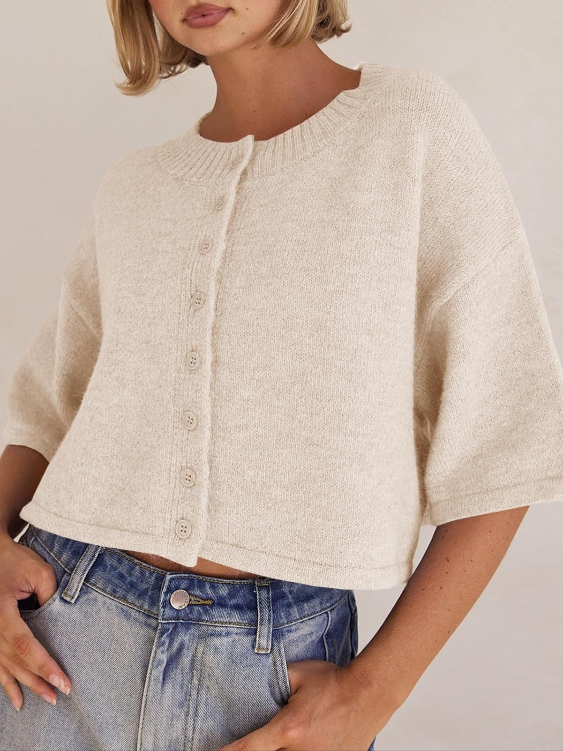 Saodimallsu Womens 3/4 Sleeve Cardigan Sweater Button Down Cropped Crewneck Cardigan 2025 Fall Casual Knit Tops - Image 3