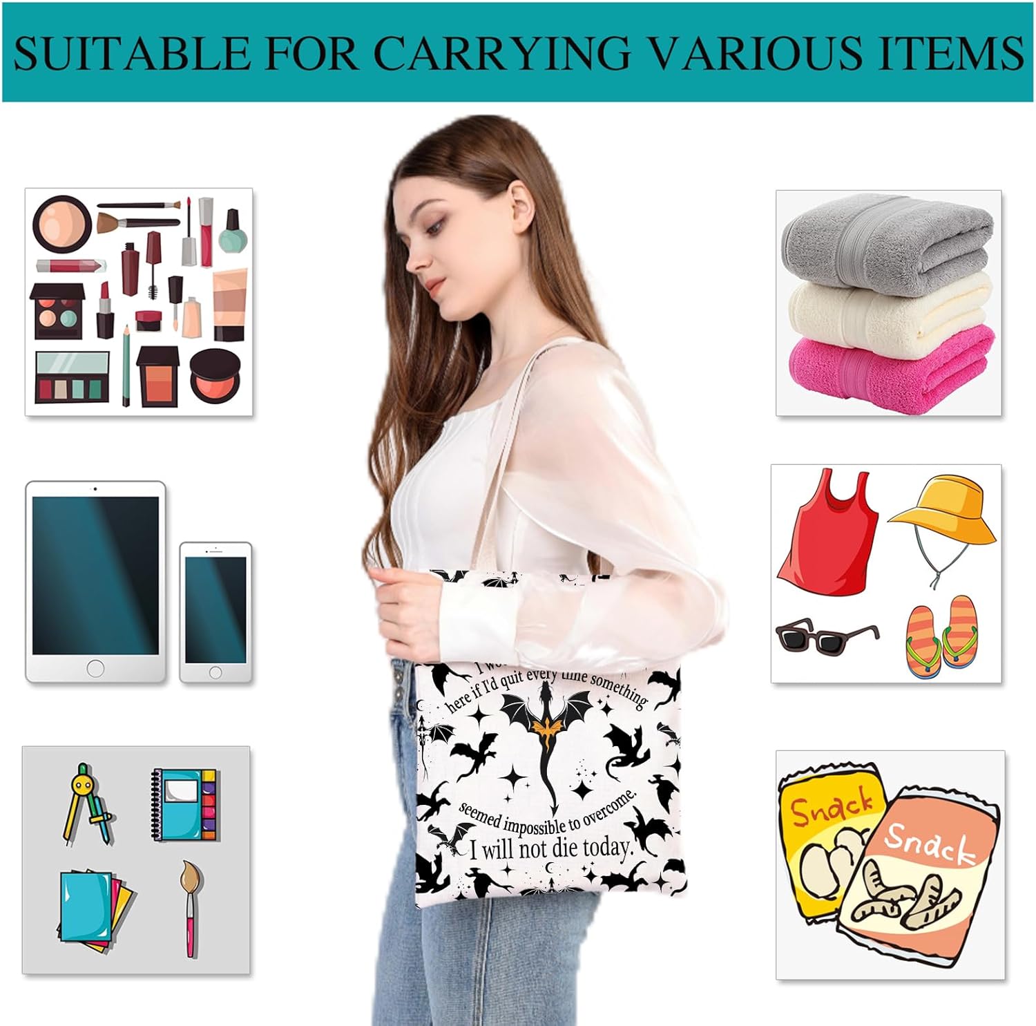 BDPWSS I Will Not Die Today Dragon Rider Gift Dragon Lover Handbag Fantasy Reader Tote Bag for Bookworm - Image 5