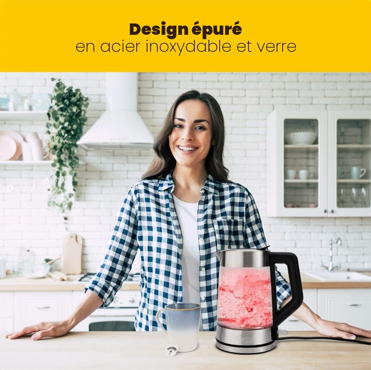 ProfiCook® Bouilloire électrique avec éclairage coloré et capacité de 1,7 litre,verre avec éclairage du réservoir d'eau en fonction de la température, Kettle avec arrêt automatique,2200W-PC-WKS 1190 G