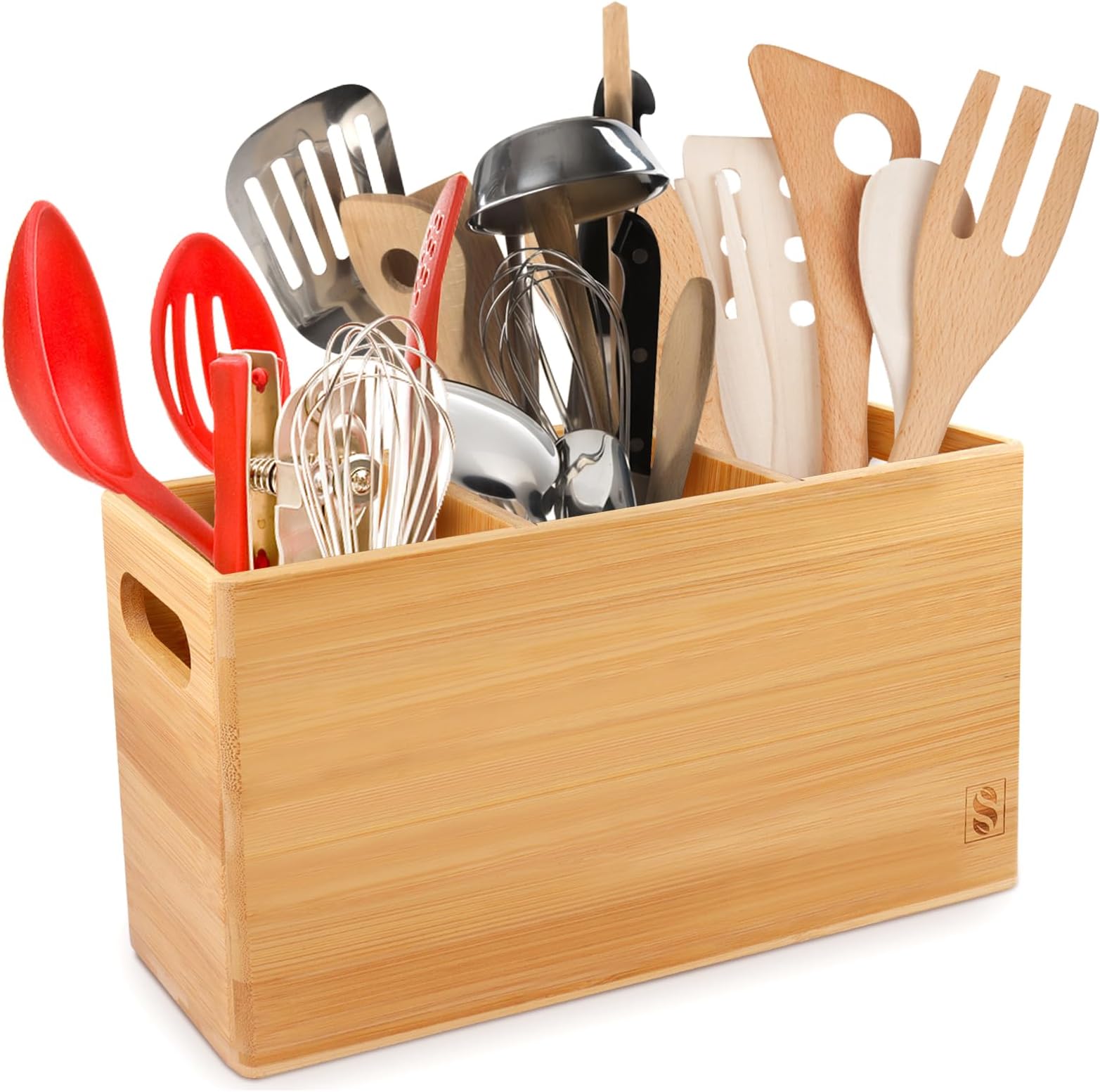 Large Kitchen Utensil Holder, Bamboo Cutlery Holder with 3 Storage Compartments, Removable Tray for Adjustable Space, and 2 Side Handles for Mobility