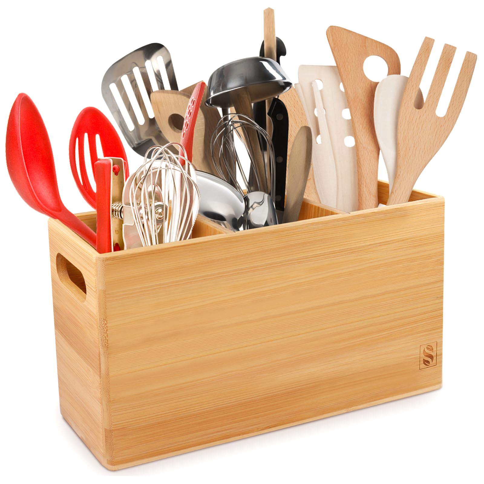 Large Kitchen Utensil Holder, Bamboo Cutlery Holder with 3 Storage Compartments, Removable Tray for Adjustable Space, and 2 Side Handles for Mobility