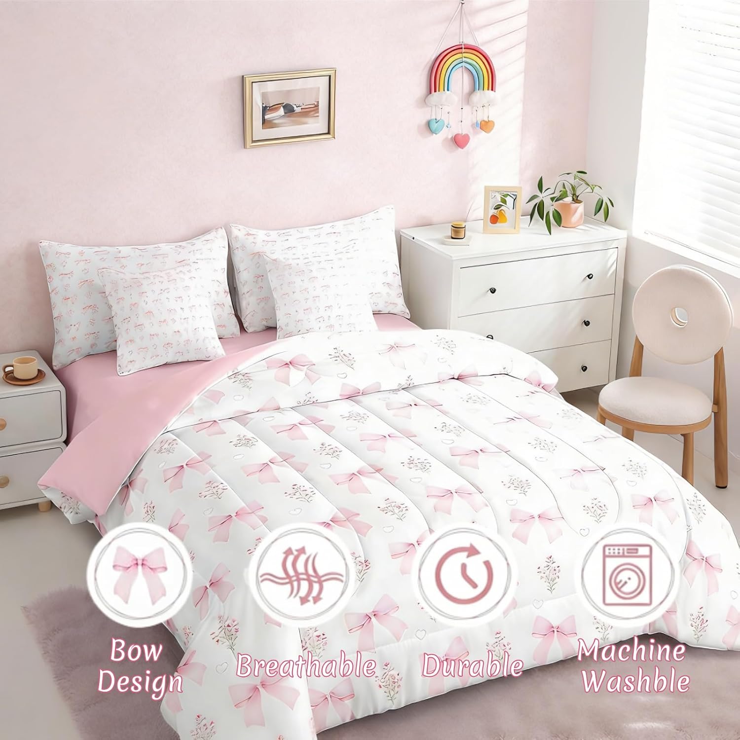 Erosebridal Bow 7 Piece Comforter Set Twin Bed in a Bag for Girls Kids,Girly Pink Floral Coquette Bedding Sets for Child Bow Ribbon Heart Shaped Quilt Dreamy Princess Style Sheet Set with Comforter - Image 2
