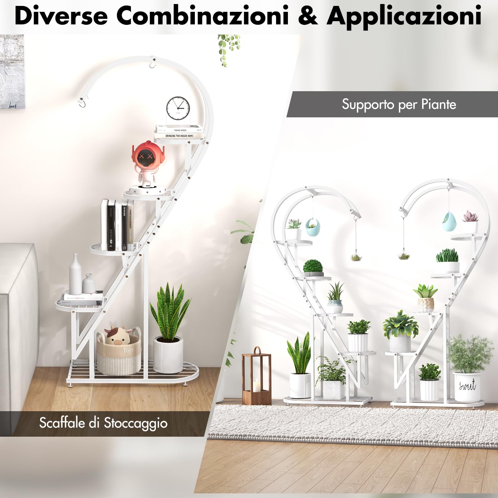 RELAX4LIFE Porta Piante a 5 Livelli, Scaffale per Piante in Metallo, Forma di Cuore, Supporto per Piante con 4 Ganci, Porta Vasi per Soggiorno e Camera da Letto (2, Bianco, Cuore)