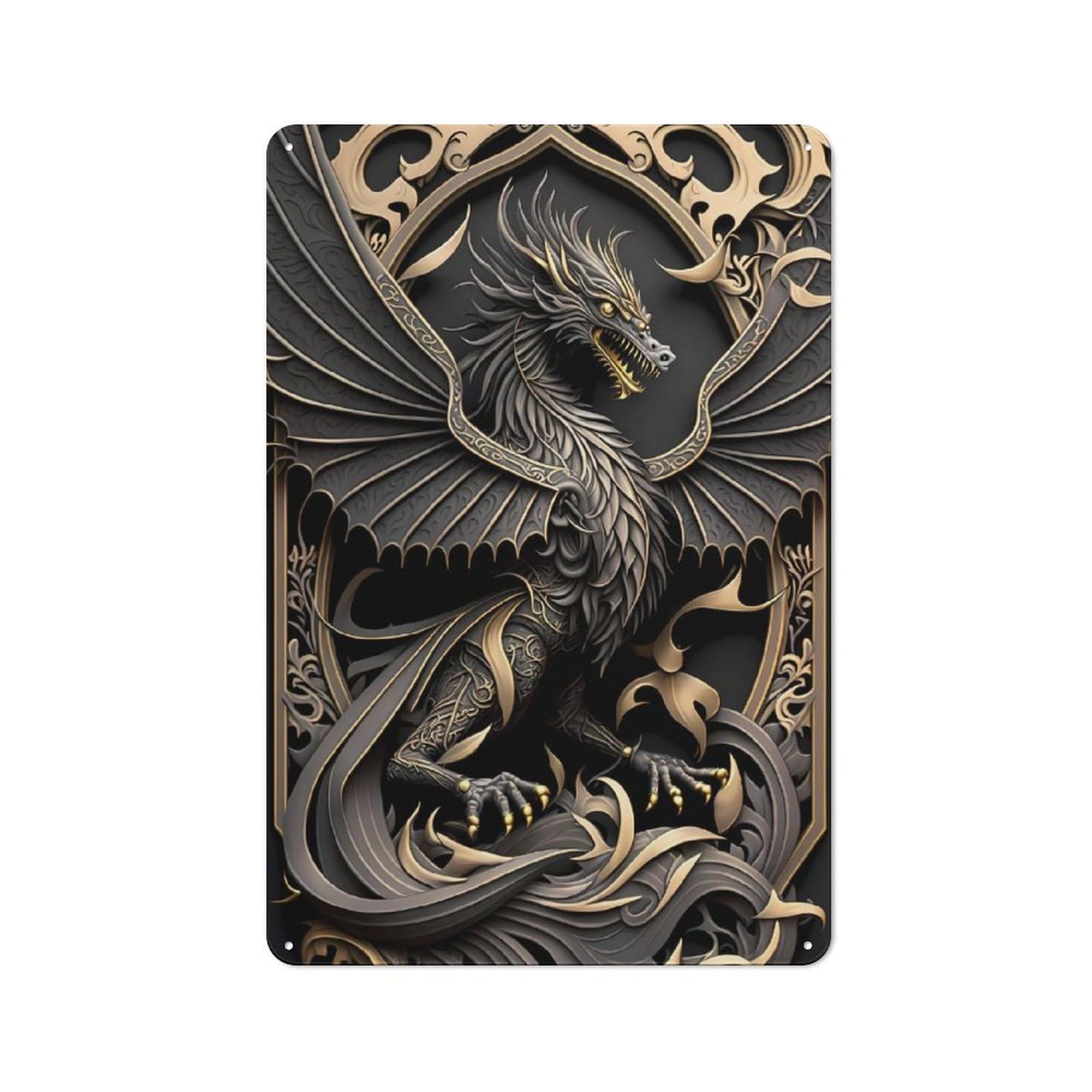 Junmoney Style-4 Metal Wall Plaque With Golden Dragon Guardian Design 30X20cm, Simple Retro Creative Space Decor For Office, Study, Studio Or Hallway
