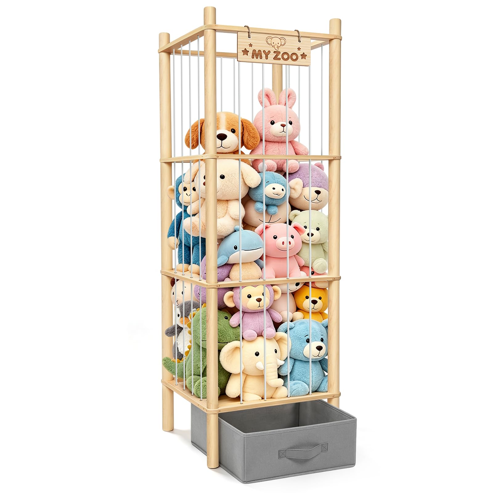 Stuffed Animal Storage, 146cm Large Wooden Zoo Organizer with Hidden Drawer