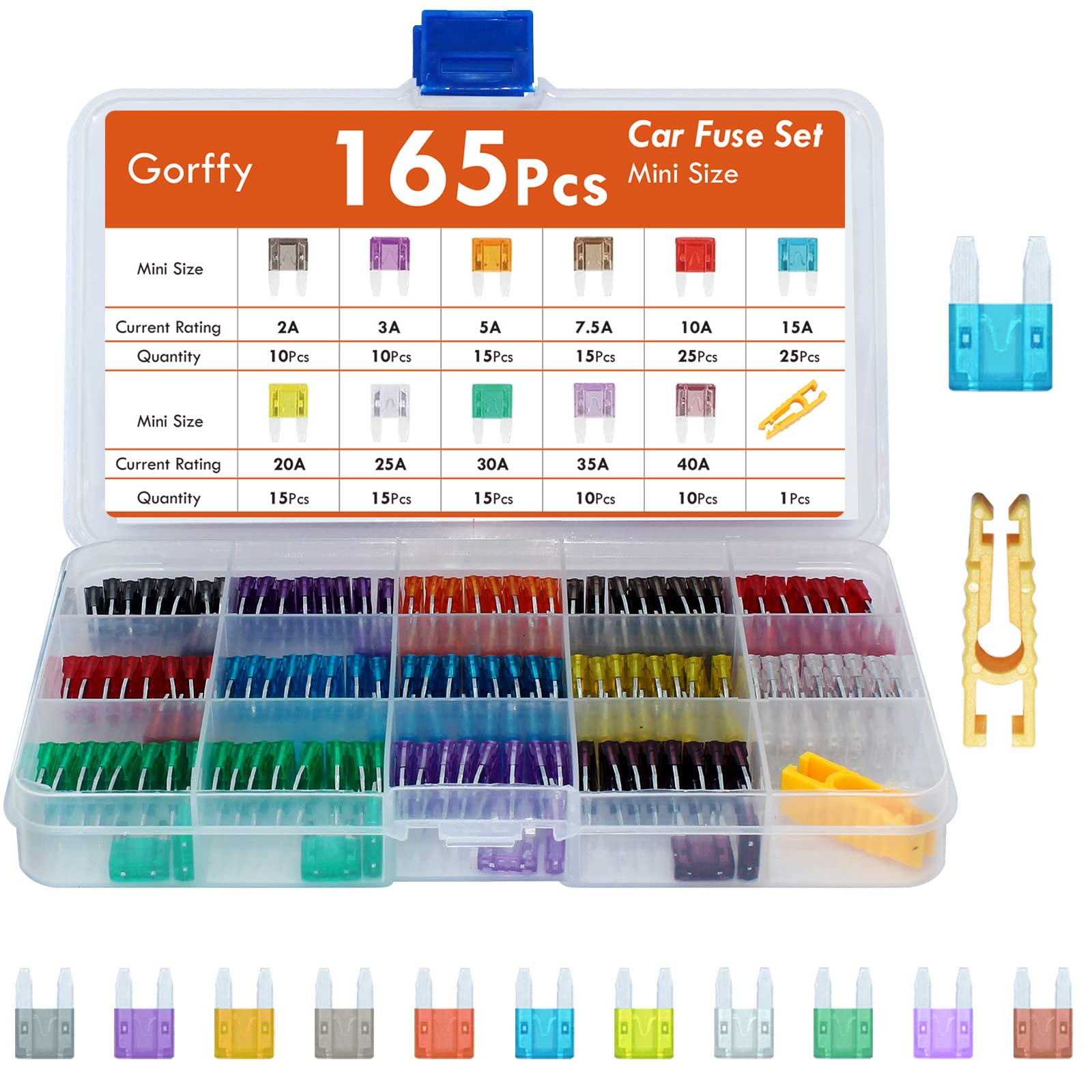 Car fuses 165Pcs, Gorffy Car Fuse Assorted 108 Mini + 57 Standard Blade Fuses 2A 3A 5A 7.5A10A 15A 20A 25A 30A 40A with Storage Case and Fuse Extrator for Automotive ATM/ATC/ATO — view 9