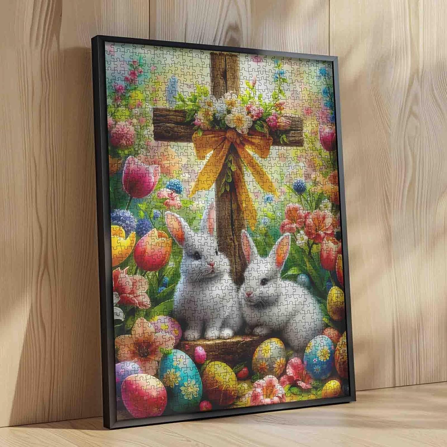 Christian Cross Easter Jigsaw Puzzle，Cross Bunny Eggs 1000 Pieces Jigsaw Puzzles for Adults，27 x 20 Inches Puzzles for Families，HD Quality Easter Puzzle Gift，Family Activity Perfect for Game Nights