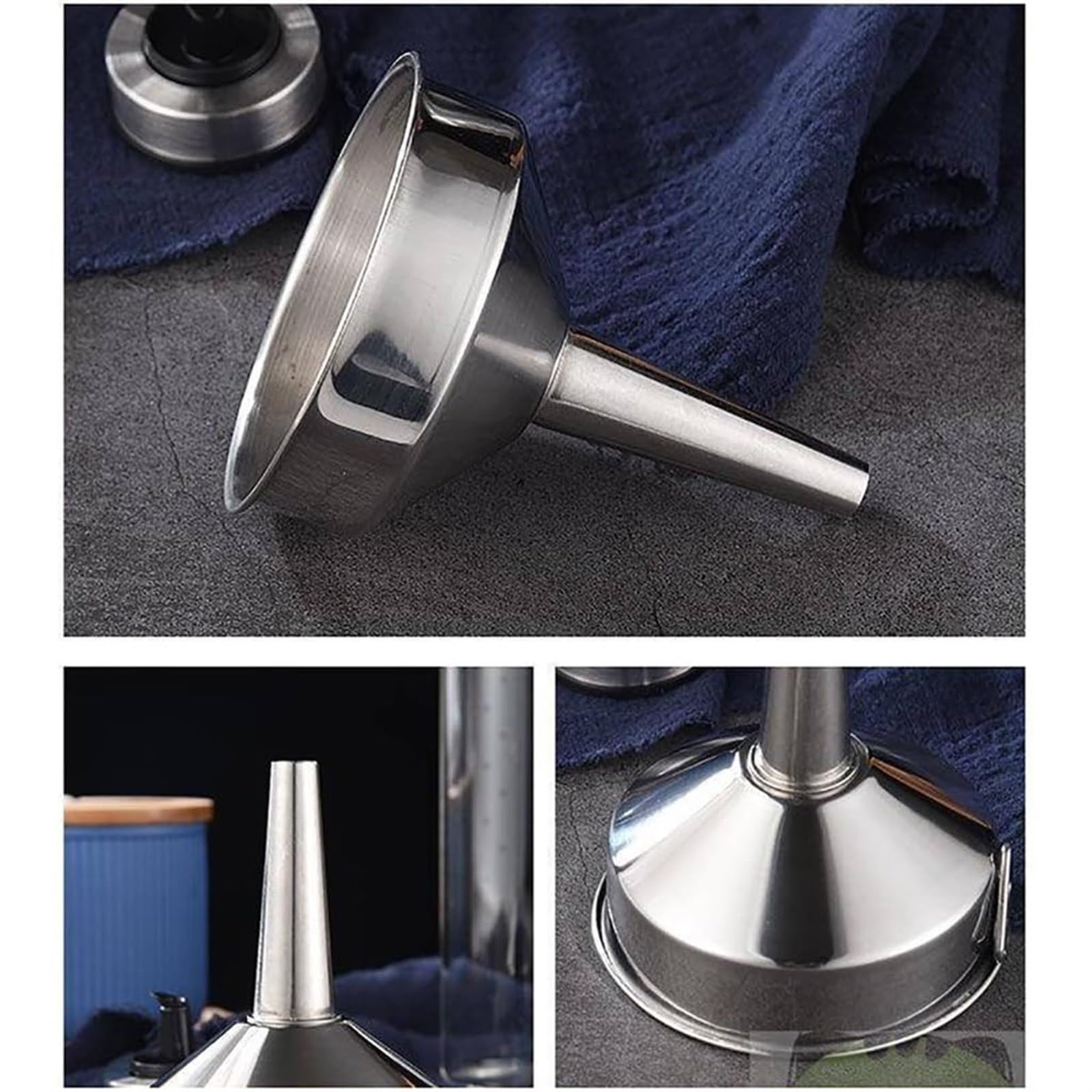 Großer Trichter aus Edelstahl for die Küche, eingedickte Lebensmittel mit Siebfilter, Metallkochen, Umfüllen von flüssigem Pulverkorn – Silber(23.5 * 23cm)