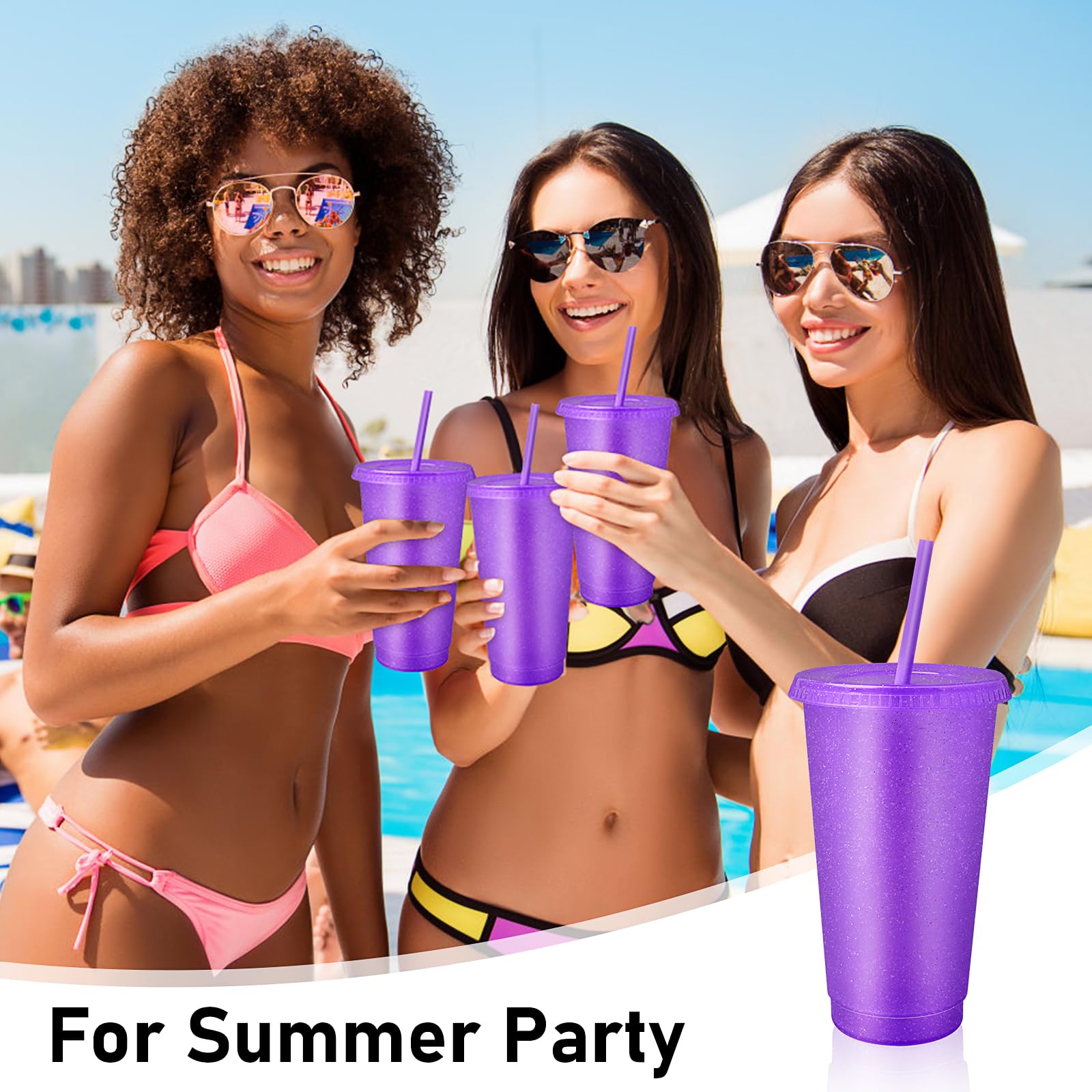 Lot de 24 gobelets réutilisables avec couvercles et pailles, gobelets de voyage en plastique pailleté pour smoothie, jus de fruits, anniversaire, soirée pyjama, fête (violet)