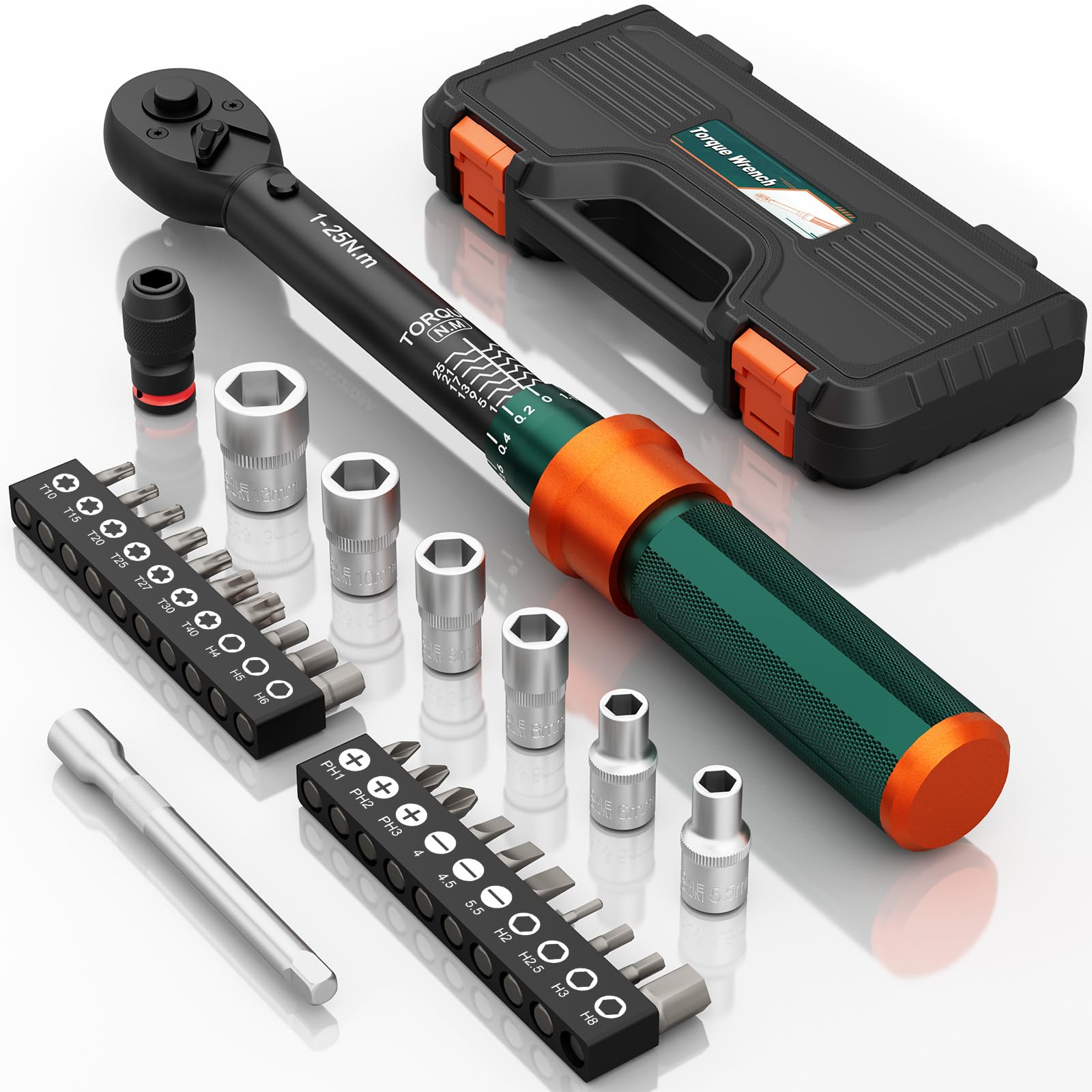 Llave Dinamométrica 1/4, 1-25Nm, Precisión ±3%, 29 Piezas Pequeña Llave Dinamométrica Set con Barra de Extensión de 100mm, Adaptador, Bits, Vasos, para Reparación y Mantenimiento de Bici