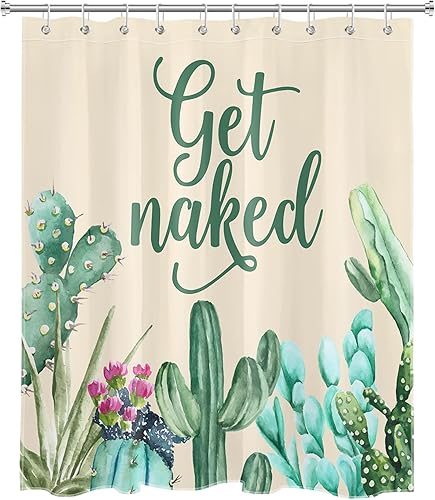 Vista 76 de LB Get Naked - Juego de cortinas de ducha de cactus con citas divertidas, plantas tropicales suculentas, verdes, acuarela, flores de cactus