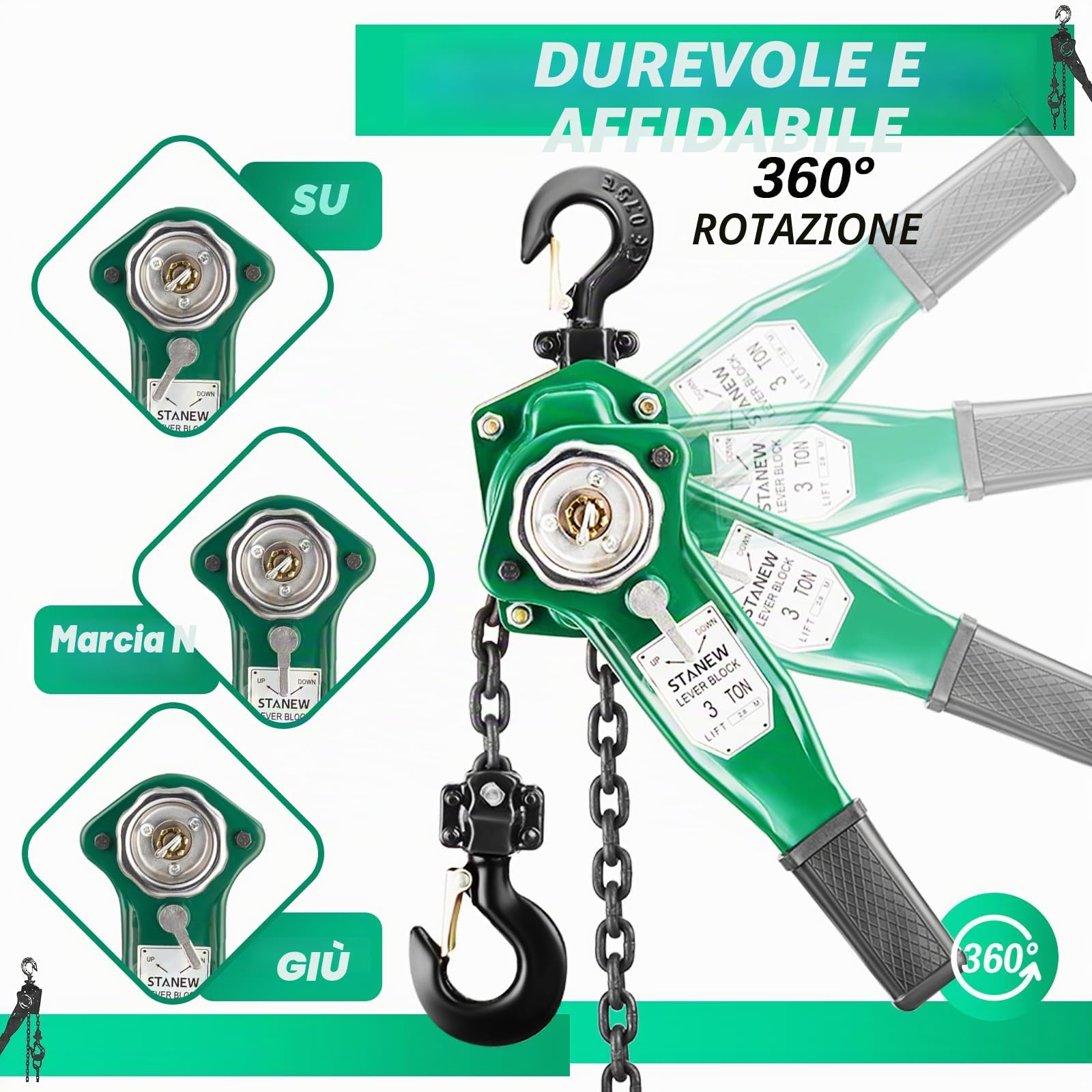 STANEW Paranco a Catena, Paranco a Leva Manuale Altezza di Sollevamento 2.8m, Capacità Max. da 3t, Catena in acciaio al carbonio G80, gancio girevole a 360°