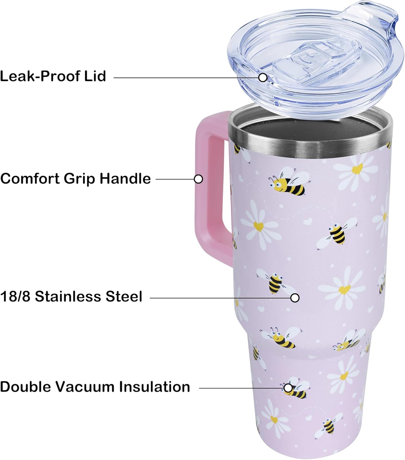 40 oz Cute Daisy Bee Tumbler with Handle and Straw, Stainless Steel Insulated Cup with Lid and Straw, Travel Mug Water Bottle, Gifts for Women - Image 4