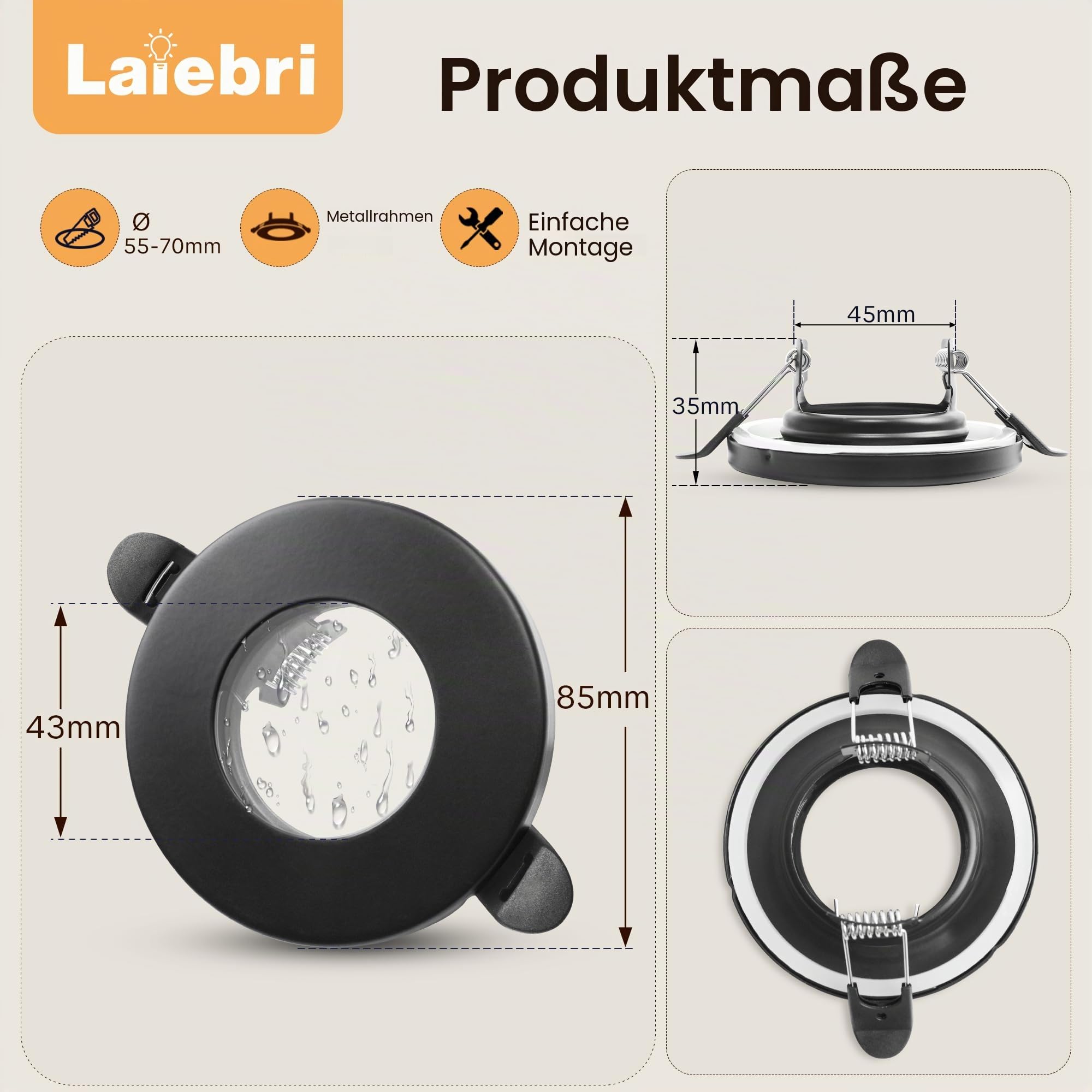10er Set GU10 Einbaurahmen IP65 Wasserdicht, Einbaustrahler Metallgehäuse Rund Schwarz, Feuchtraum Einbauleuchten 55–70mm Lochmass, Bad Küche Deckenspot inkl. GU10 Fassung, Ohne Leuchtmittel