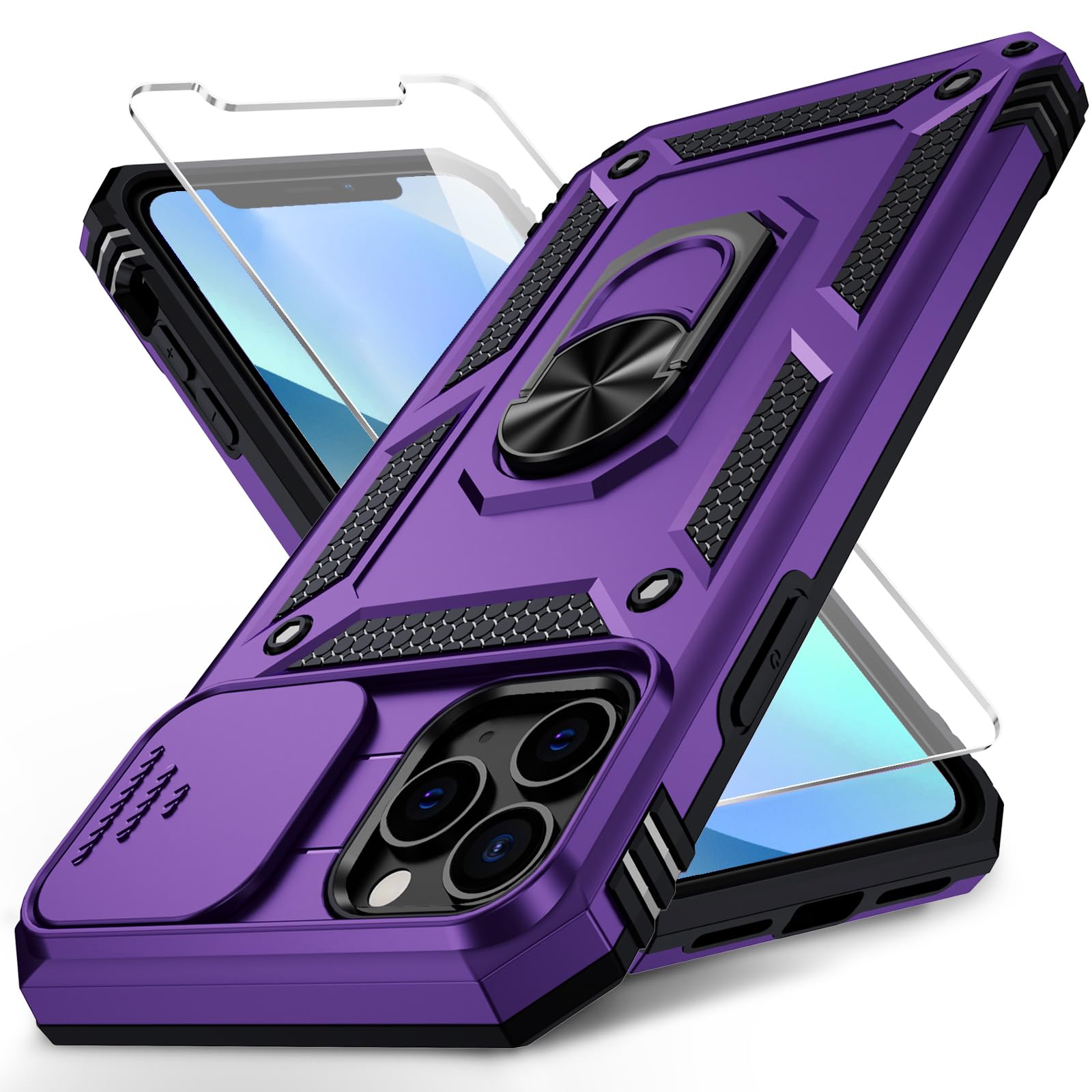 Weycolor for iPhone 11 Pro Case with Camera Lens Cover, HD Screen Protector, 10 FT Military Grade Drop Protection, Magnetic Ring Holder Kickstand