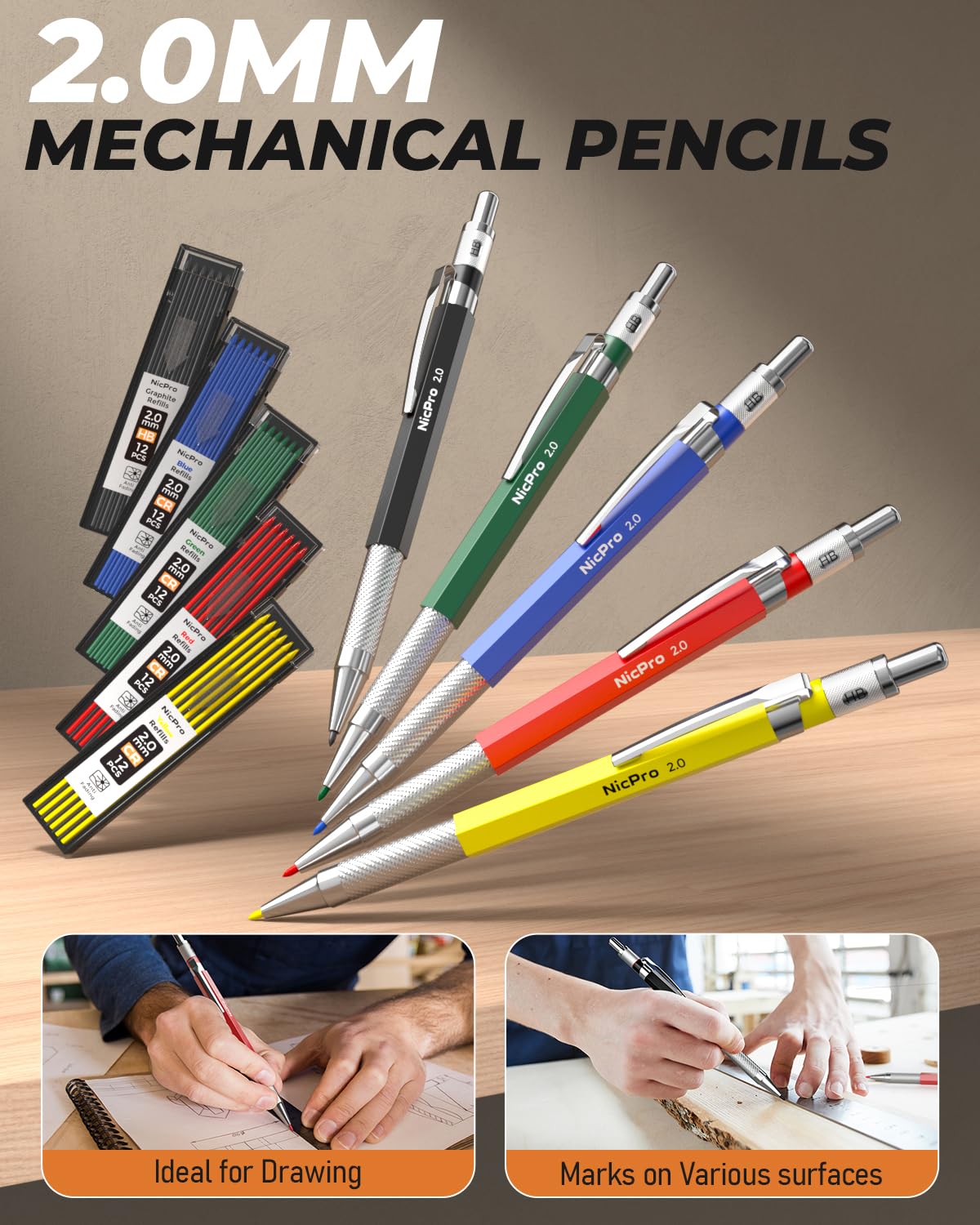Nicpro 27 Pack Carpenter Pencils for Woodworking Construction Mechanical Pencil with 100 Refill - Image 3