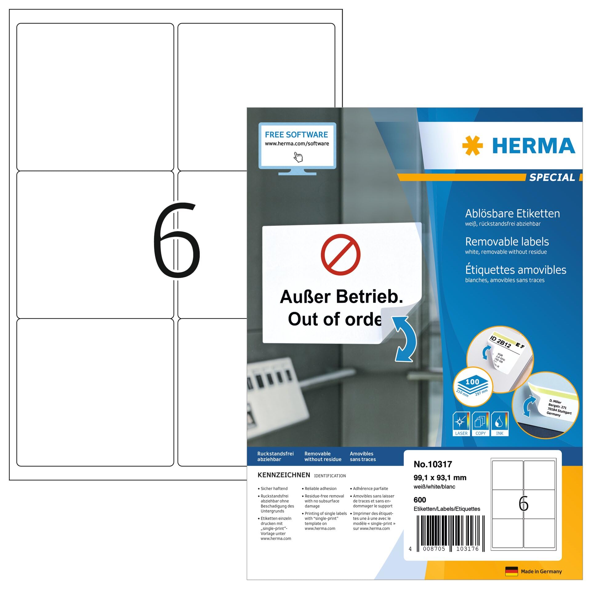 HERMA 10317 Universal Etiketten blickdicht ablösbar, 100 Blatt, 99,1 x 93,1 mm, 6 pro A4 Bogen, 600 Stück, selbstklebend, bedruckbar, matt, blanko Papier Klebeetiketten Aufkleber, weiß