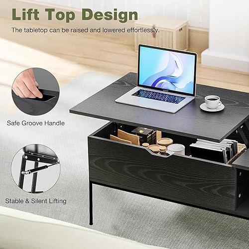 Miniatura 6 de Aimerive Mesa auxiliar elevable, mesa de centro negra con compartimento oculto y estante de almacenamiento, mesa de sala de estar de madera con