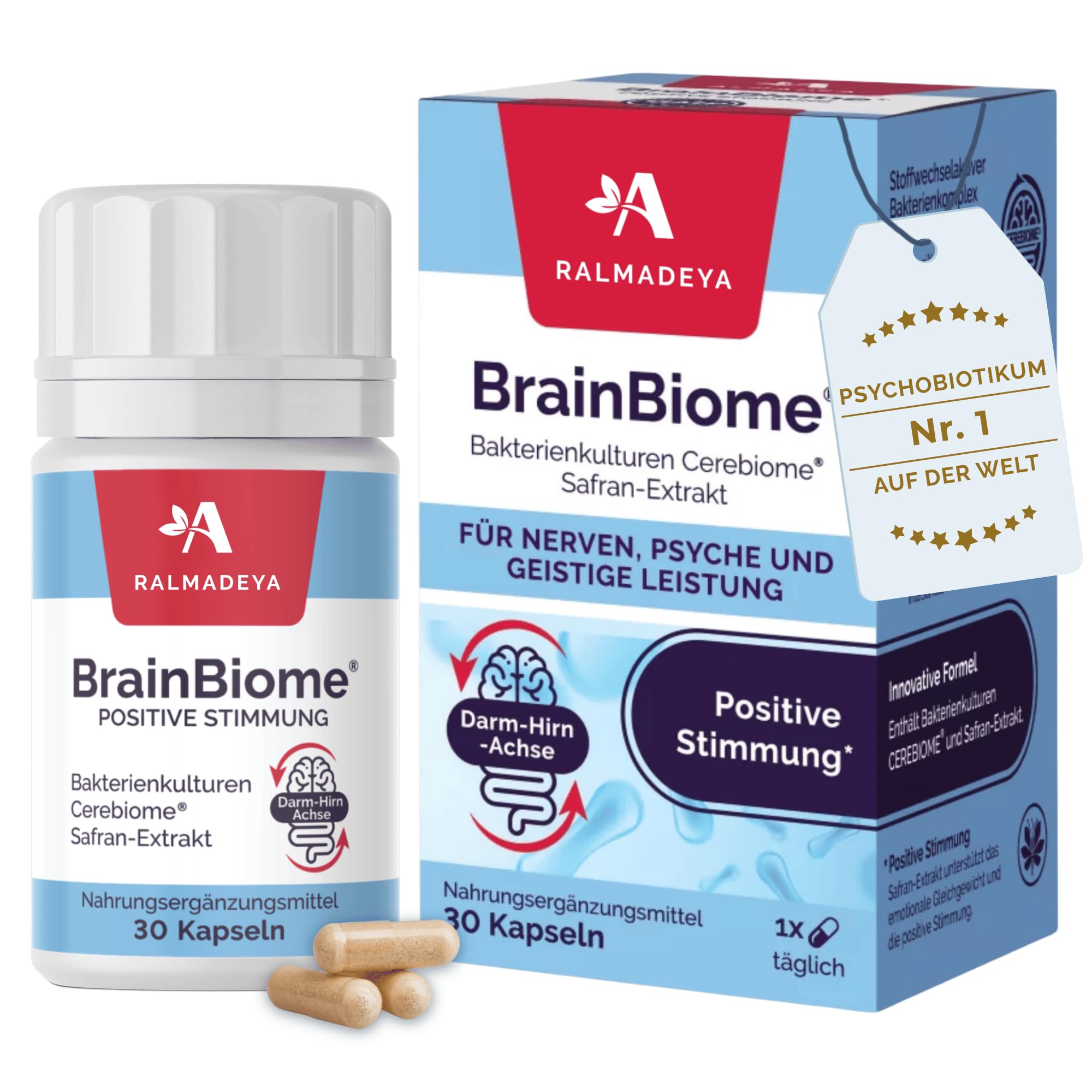 Probiotikum gegen Stress, innere Unruhe & Angst – Für bessere Stimmung & Schlaf – Mit Safran & Darm-Hirn-Achse (Cerebiome®) – 30 Kapseln – BrainBiome®