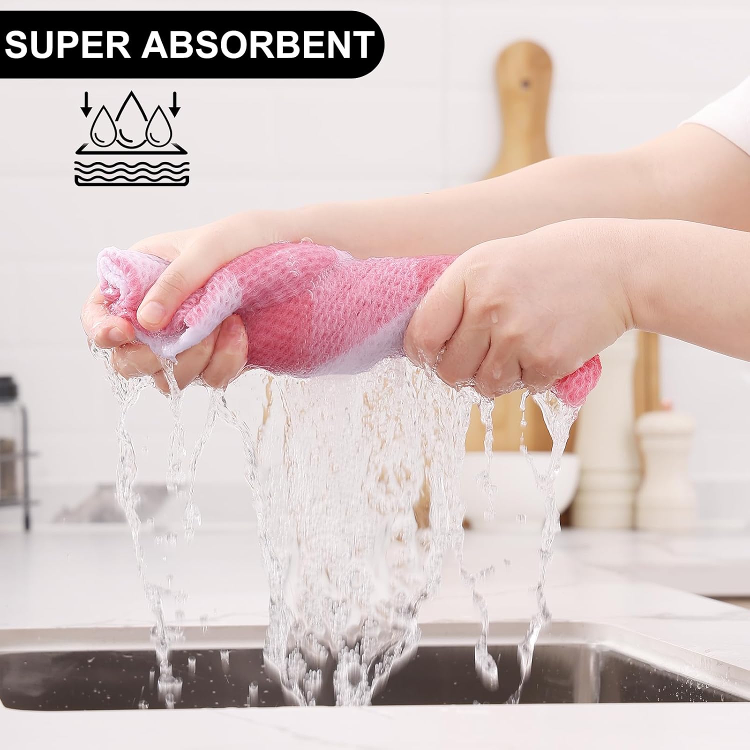 Homaxy Kitchen Towels and Dishcloths Set, 12 x 12 and 13 x 28 Inches, Set of 8 100% Cotton Waffle Weave Check Plaid Kitchen Dish Towels, Super Soft and Absorbent Dish Cloths, White & Pink - Image 3