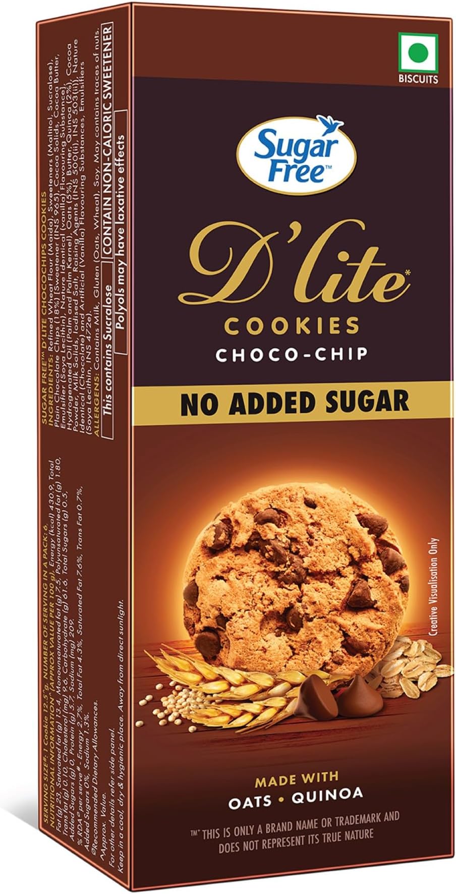 Sugar Free D’Lite Choco Chip Cookies | Zero Added Sugar | Made with Oats & Quinoa75g