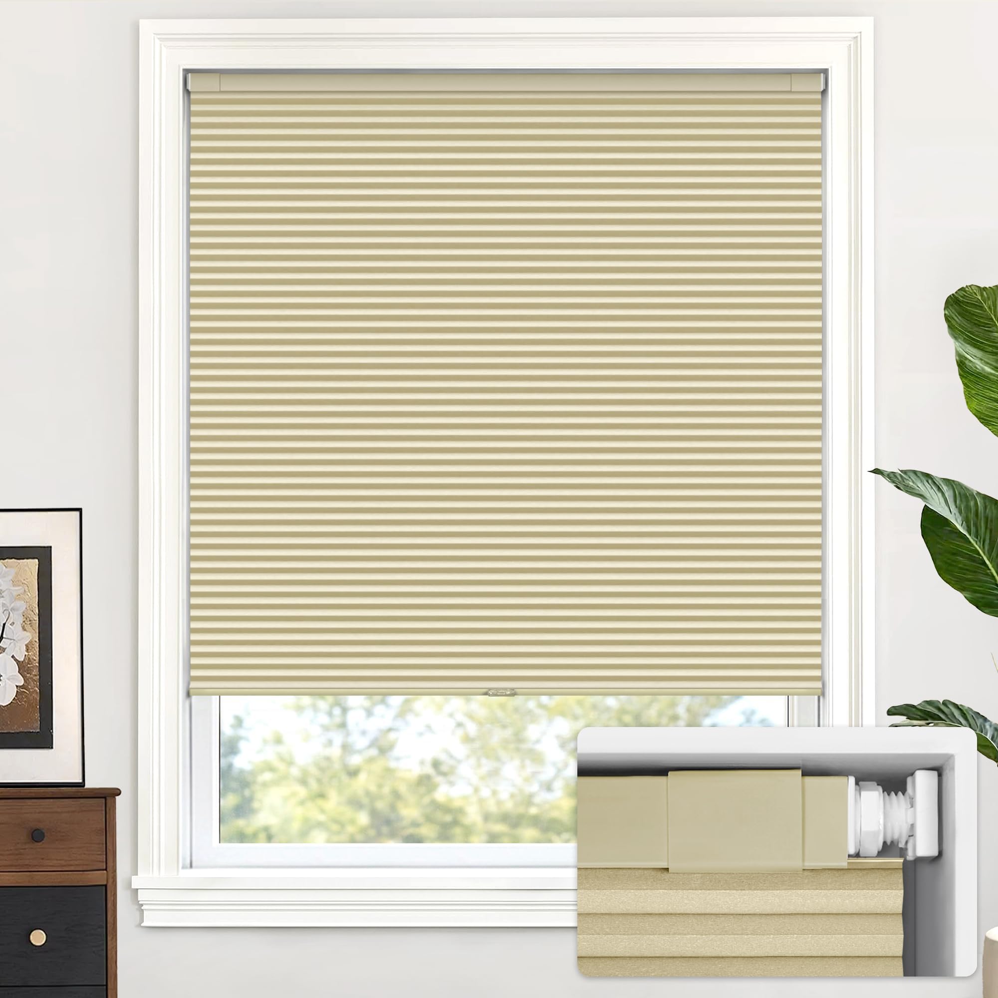 LazBlinds Cordless Cellular Shades, No Tools No Drill Blackout Honeycomb Shades Pleated Blinds for Windows, 21" W x 64" H, Soft Cream