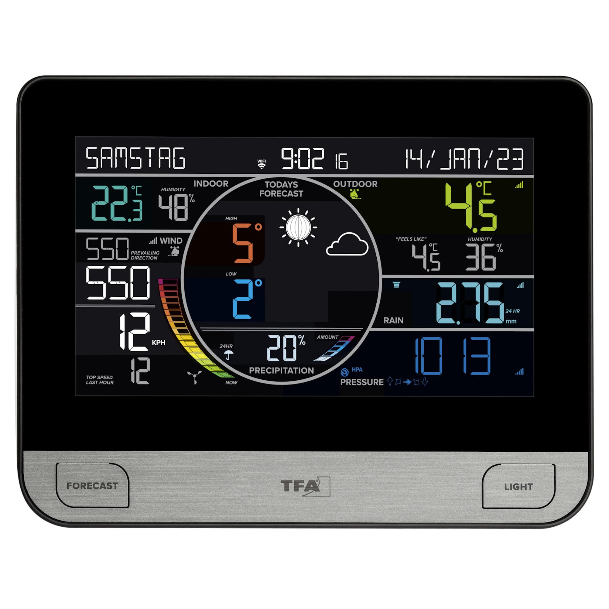 TFA-Dostmann Stazione meteo radio con WiFi VIEW PRO TFA 35.8003.01.89 Pool display a colori, sensore esterno vento/temperatura/umidità, pluviometro pressione atmosferica, app previsioni meteo