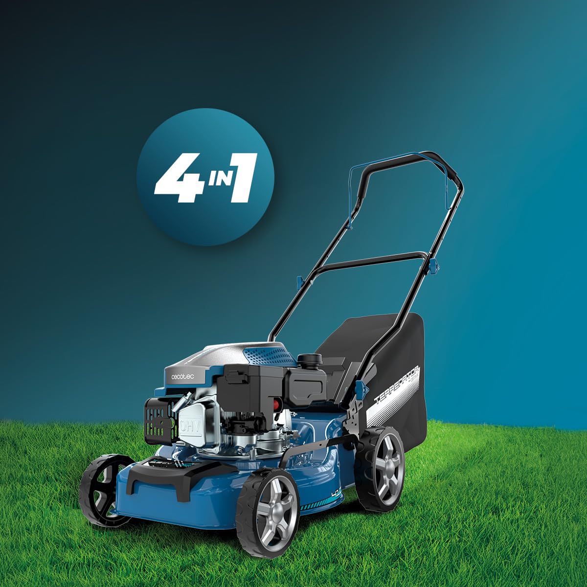 Cecotec Kosiarka benzynowa 144cc Terrenator 2700.41 Plus Total Z | Szerokość cięcia 41 cm, stalowy korpus, zmiana wysokości systemu Z-Tech, 3w1 z mulczowaniem, tylne koła XL
