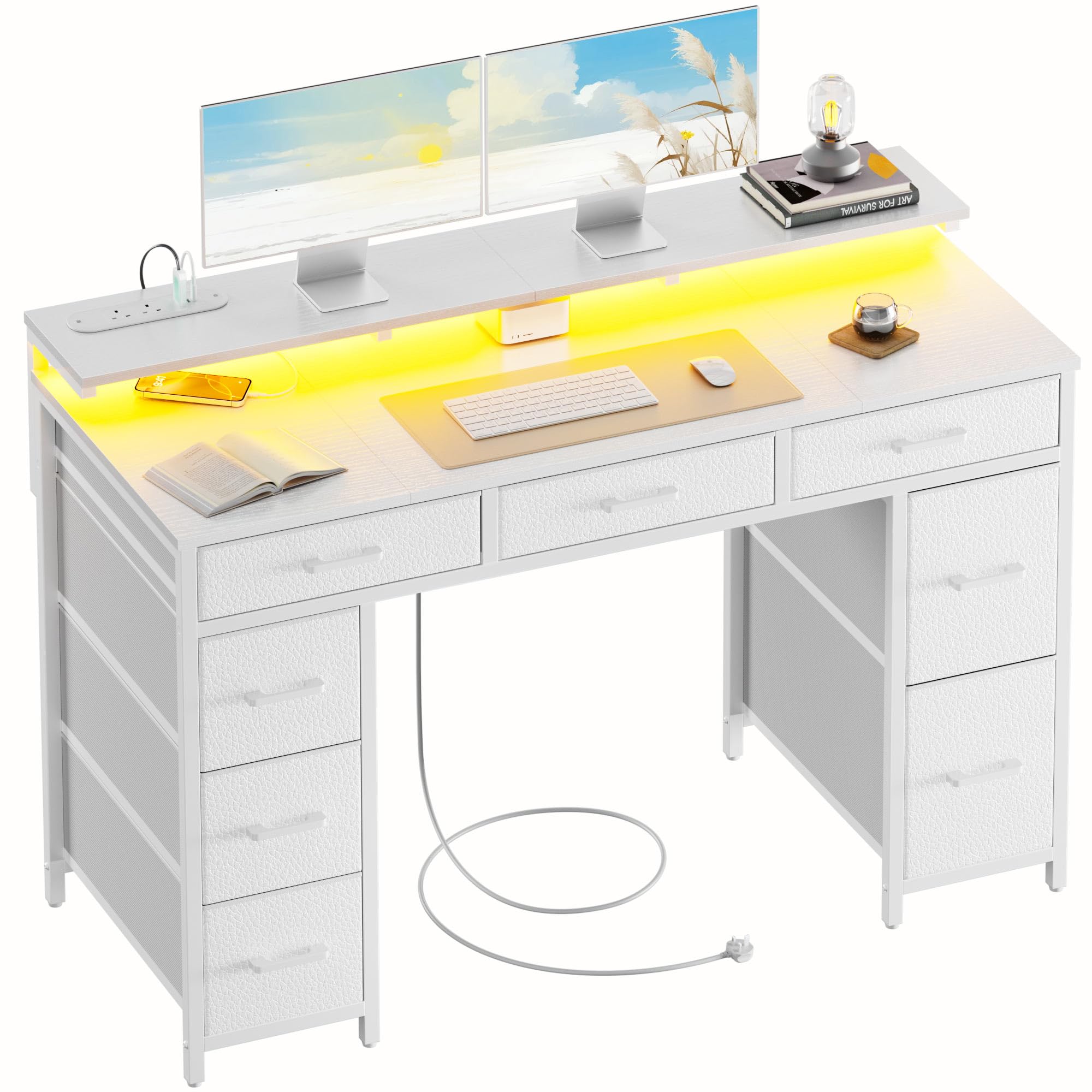 DLONGONE Computer Desk with 8 Storage Drawers, 120 x 50 cm Home Office Desk with LED Lights & USB Power Outlets, Gaming Table with Monitor Stand, Study Writing Work Table for Bedroom, White