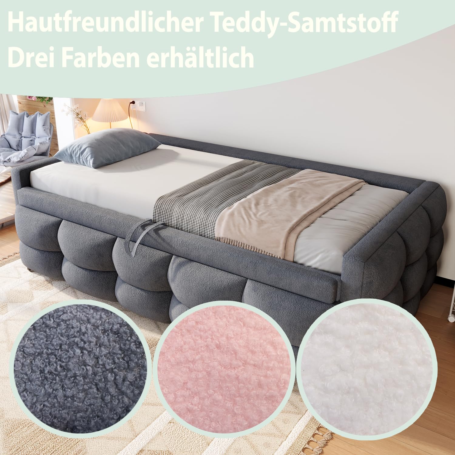 Lubvtti Divano letto pieghevole 90×180-190 cm, tessuto in velluto, con rete a doghe, letto imbottito multifunzionale, grigio (materasso non incluso)