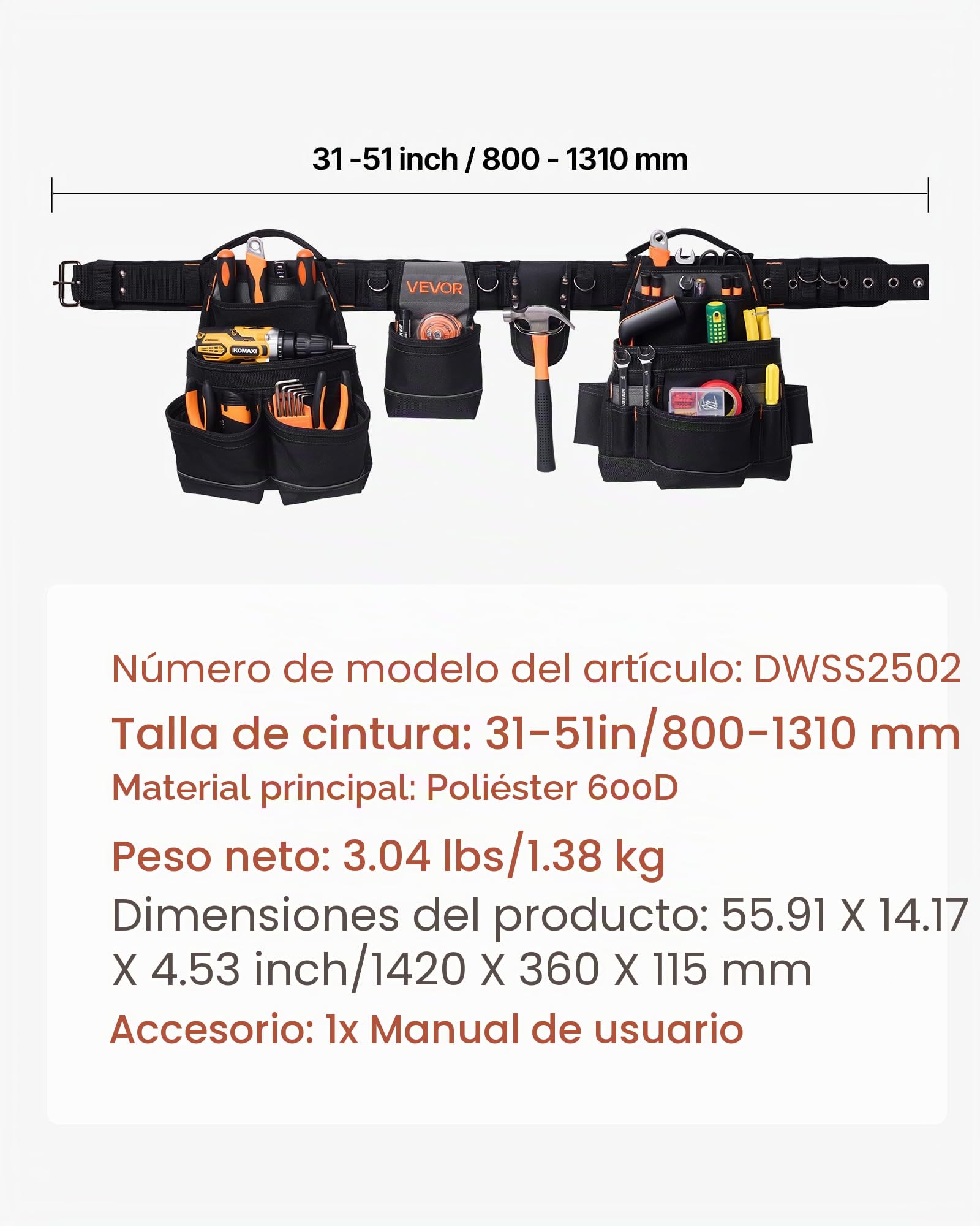 VEVOR Cinturón Portaherramientas, 18 Bolsillos, para Trabajadores de la Construcción, Electricistas, y Carpinteros, Organizador de Delantal, Ajustable de 800 a 1310 mm, 1420 x 360 x 115 mm, Negro
