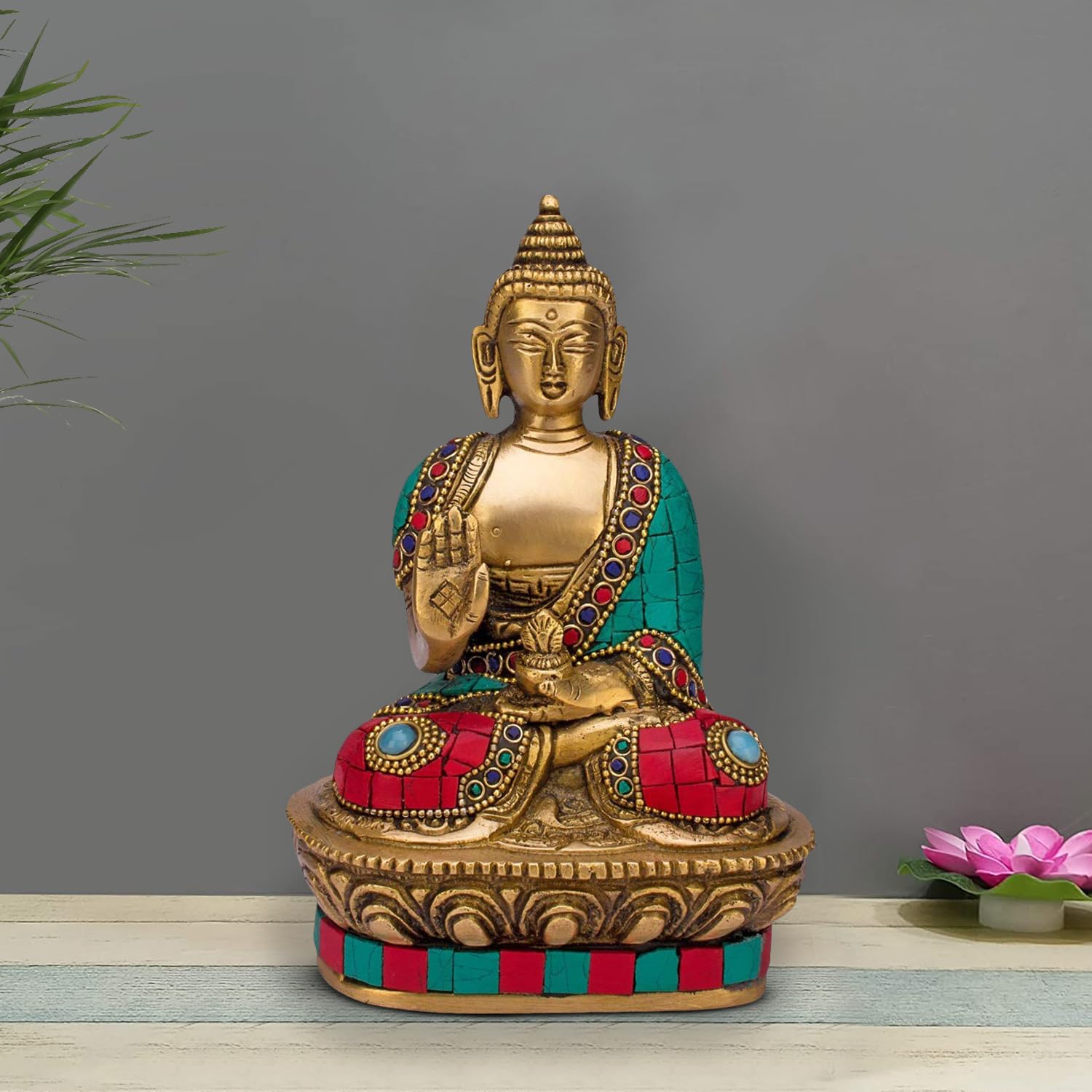 Brass Buddha Vitarka Statue Multicolor Sculpture Idol for Home Decor Vastu Feng Shui Religious Gift Good Luck Idol Table Showpiece 7 Inches