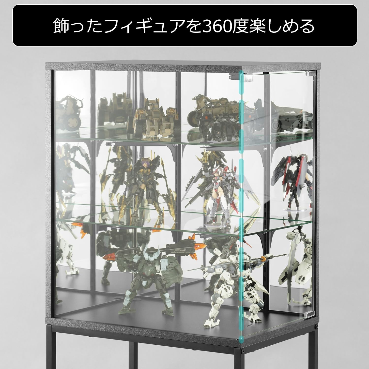 Bauhutte BHS-600FR-BK Deskside Figure Rack, Tempered Glass, Rear Mirror, Height Adjustable, 3 Tiers, Width 23.6 x Depth 15.7 x Height 55.1 inches (60 x 40 x 140 cm), Laptop Storage