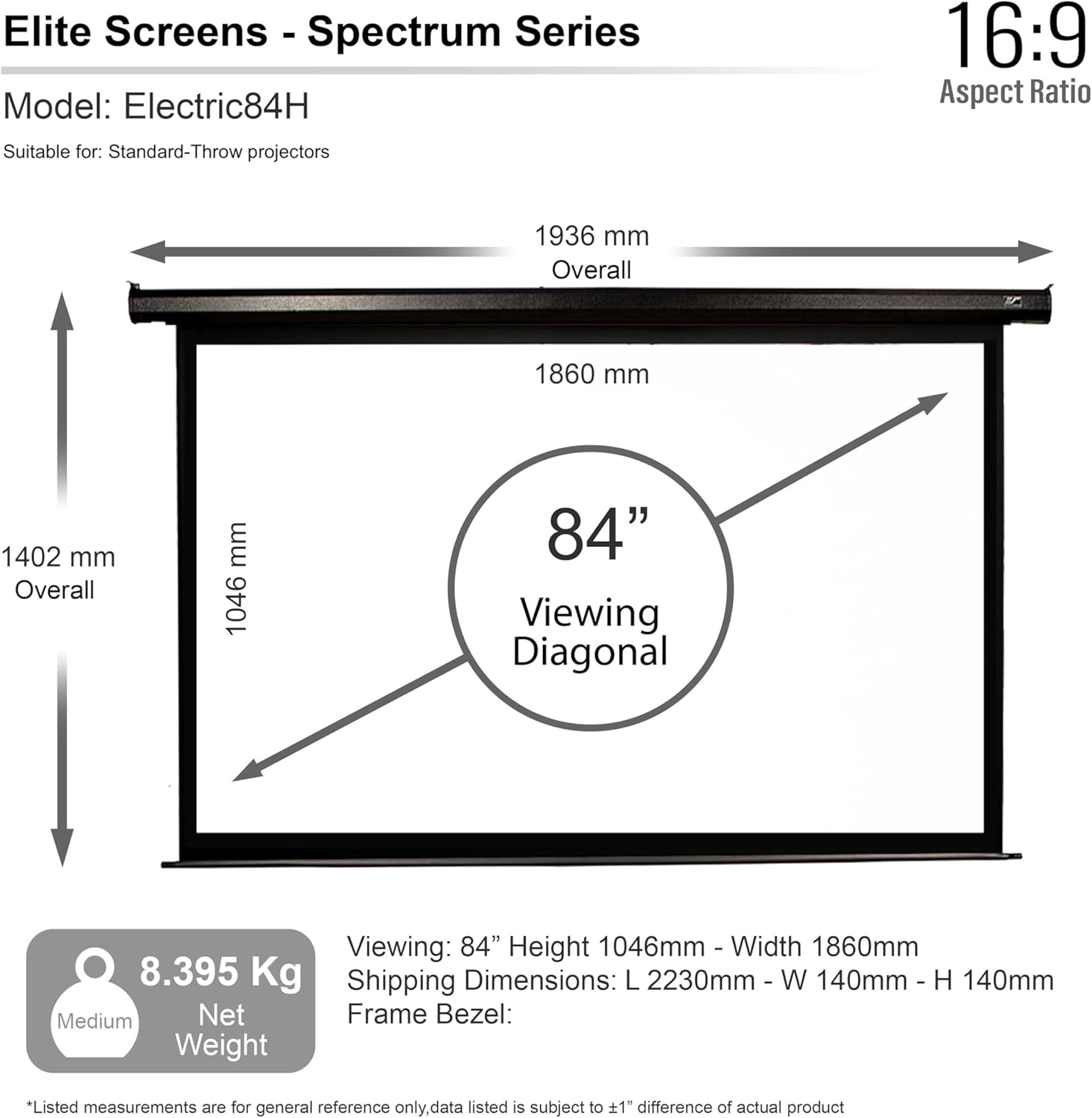 Elite Screens Spectrum Electrol Projection Screen - 58" x 76" - Matte White - 84" Diagonal