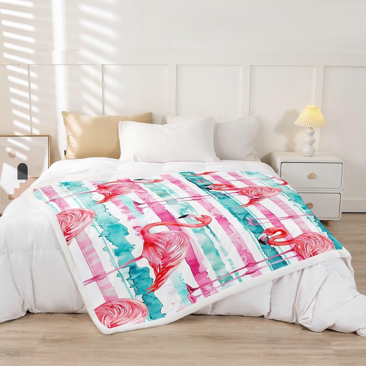 Erosebridal Girls Flamingo Throw Blanket Queen 90"X90" Pink Flamingo Plush Blanket Wild Animal Sherpa Blanket for Adults Women Watercolor Colorful Stripe Fuzzy Blanket for Bed Sofa Couch