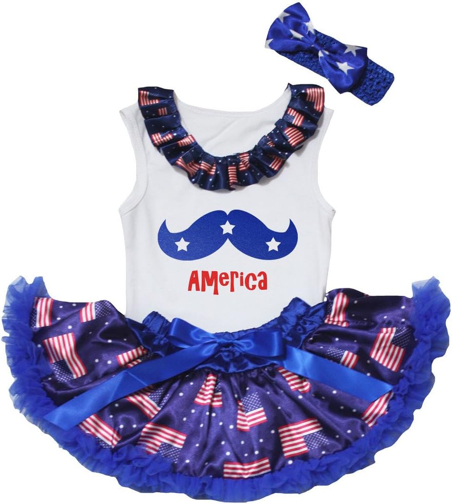 Petitebella Stars Mustache America White Shirt US Flag Blue Baby Skirt Set 3-12m