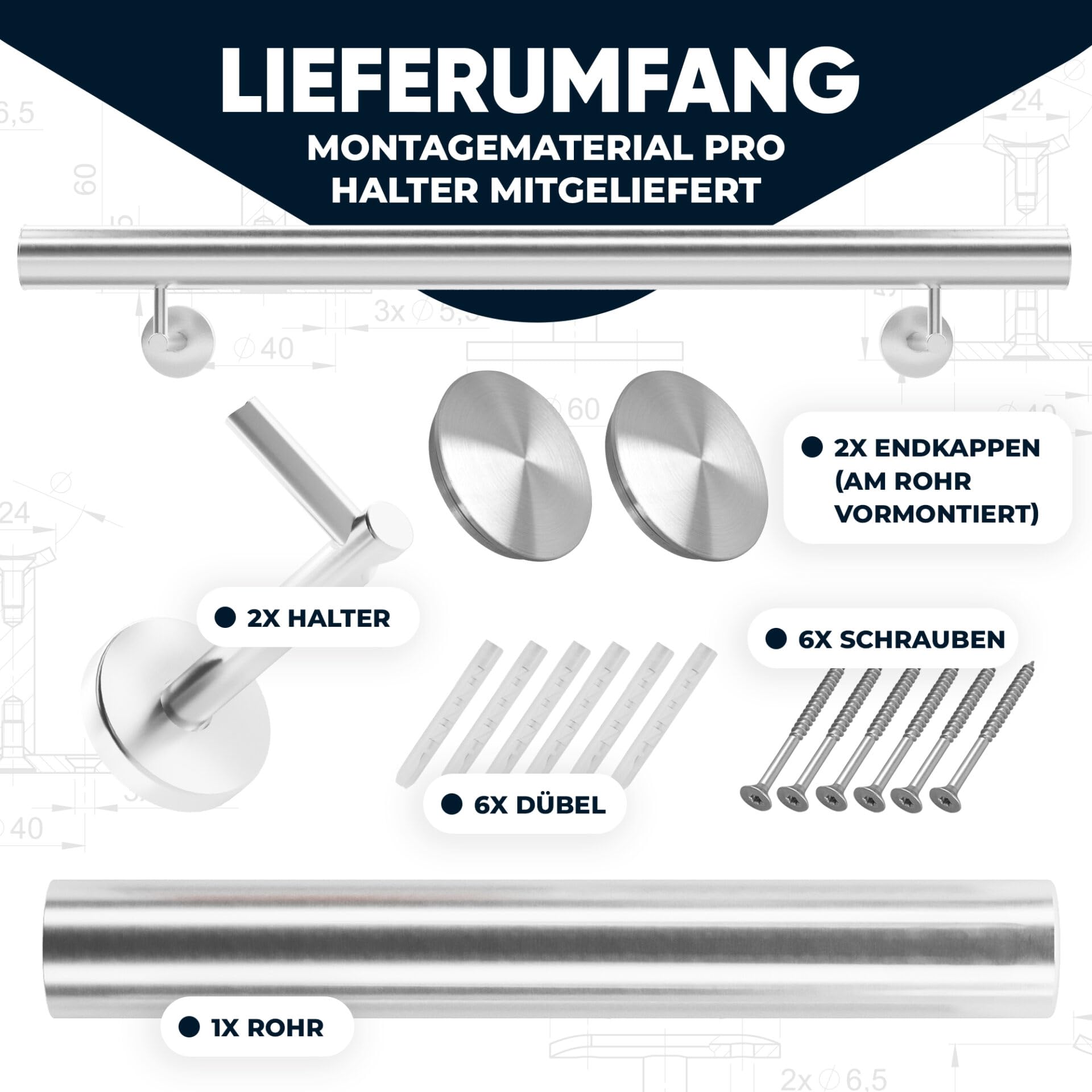 Handlauf Edelstahl Ø 33,7 mm, Markenhandläufe, für Außen- & Innenbereich, Wandhandlauf Brüstung Geländer, 4 verschiedene Varianten