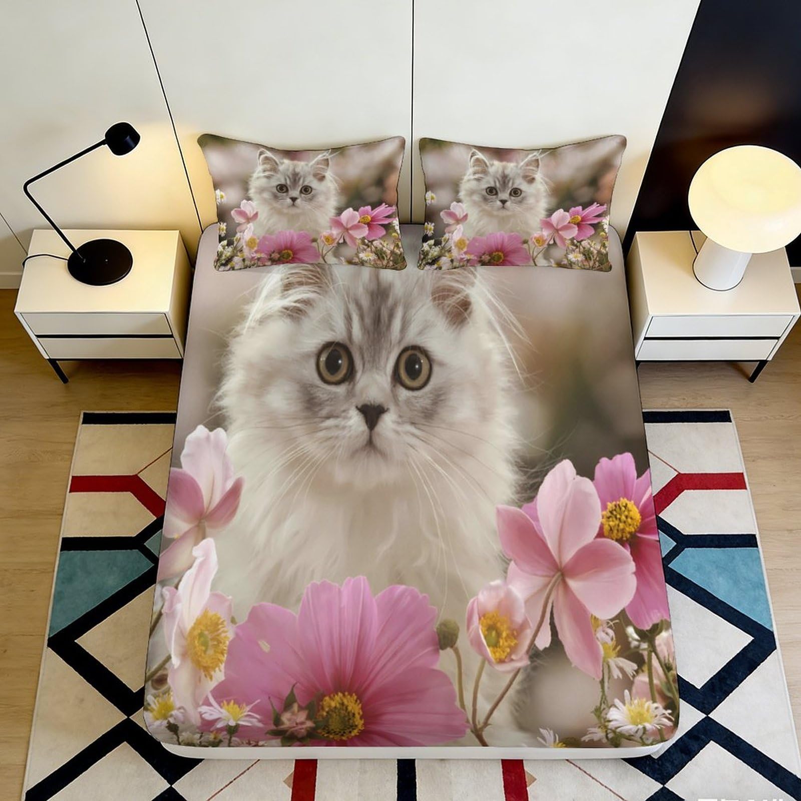 Uxinyoume Style-1 3D Printed Cat Flower Fitted Sheet Microfiber Soft Breathable Kitten Blossom Bed Cover For Bedroom Dorm Decor 90X200x25cm